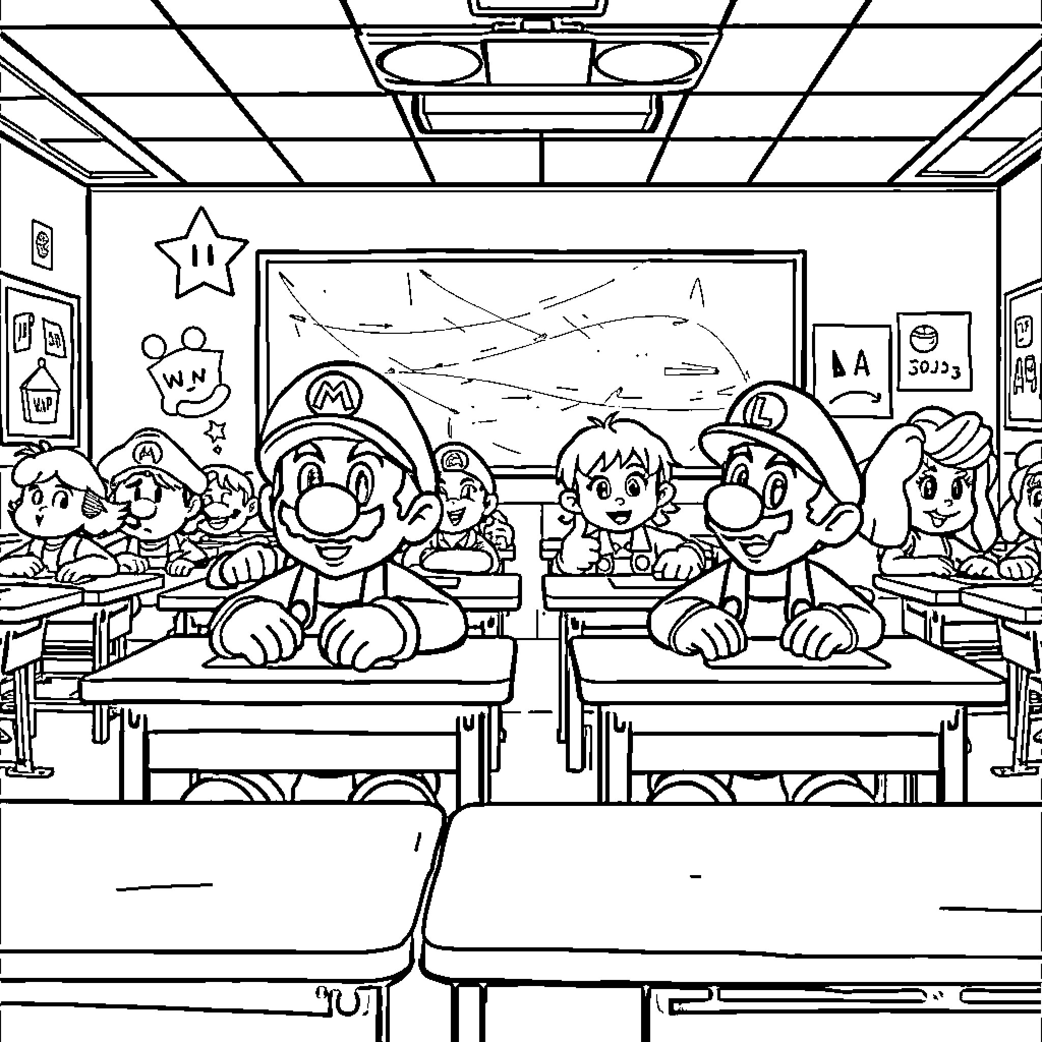 Mario and Friends in the Classroom Coloring Page (free black-and-white line drawing printable PDF for all, from beginners to advanced learners, including children, teens, adults, and seniors)