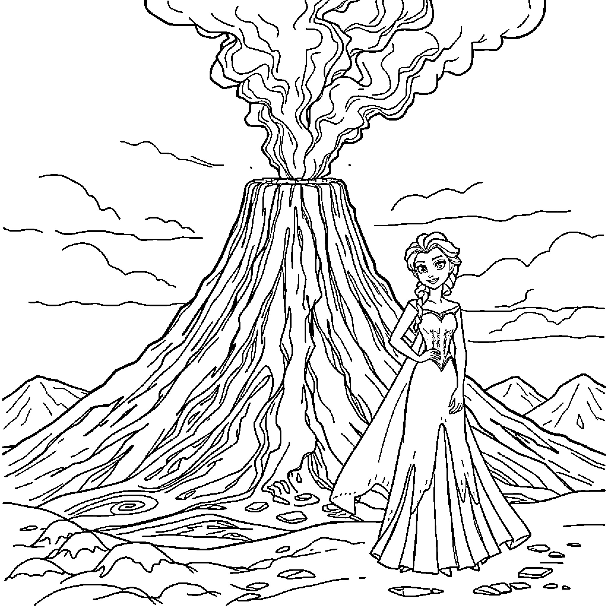 Volcano erupting near a woman in a dress Coloring Page (free black-and-white line drawing printable PDF for all, from beginners to advanced learners, including children, teens, adults, and seniors)