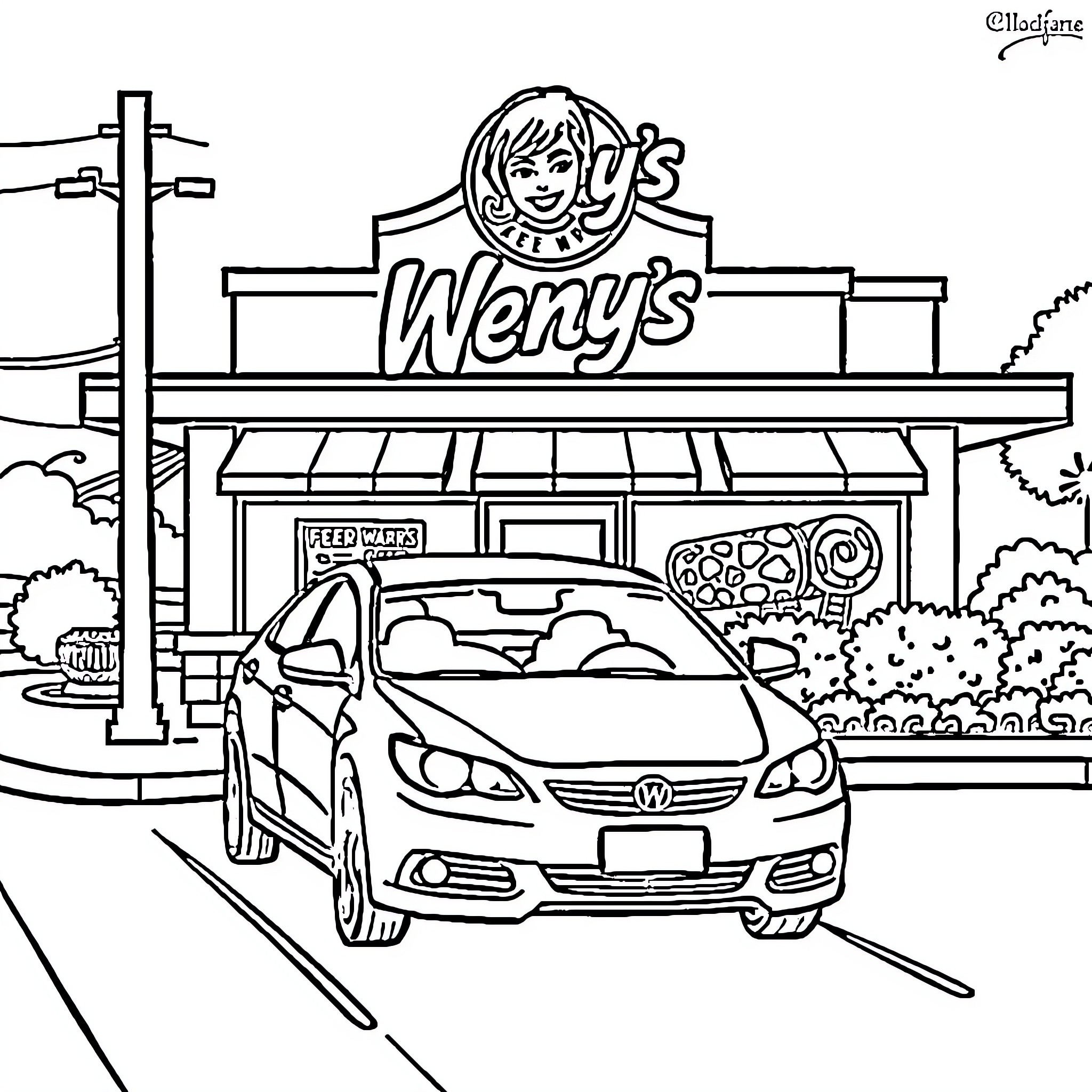 Car driving by Weny's fast food restaurant Coloring Page (free black-and-white line drawing printable PDF for all, from beginners to advanced learners, including children, teens, adults, and seniors)