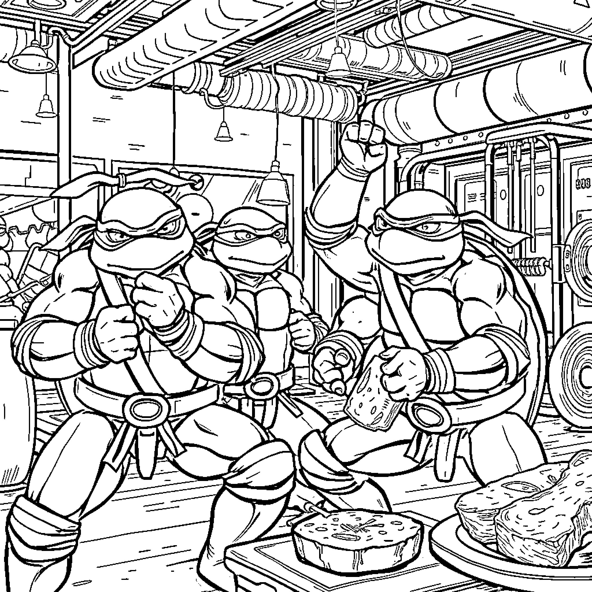 Ninja Turtle Heroes Cooking in the Hideout Coloring Page (free black-and-white line drawing printable PDF for all, from beginners to advanced learners, including children, teens, adults, and seniors)