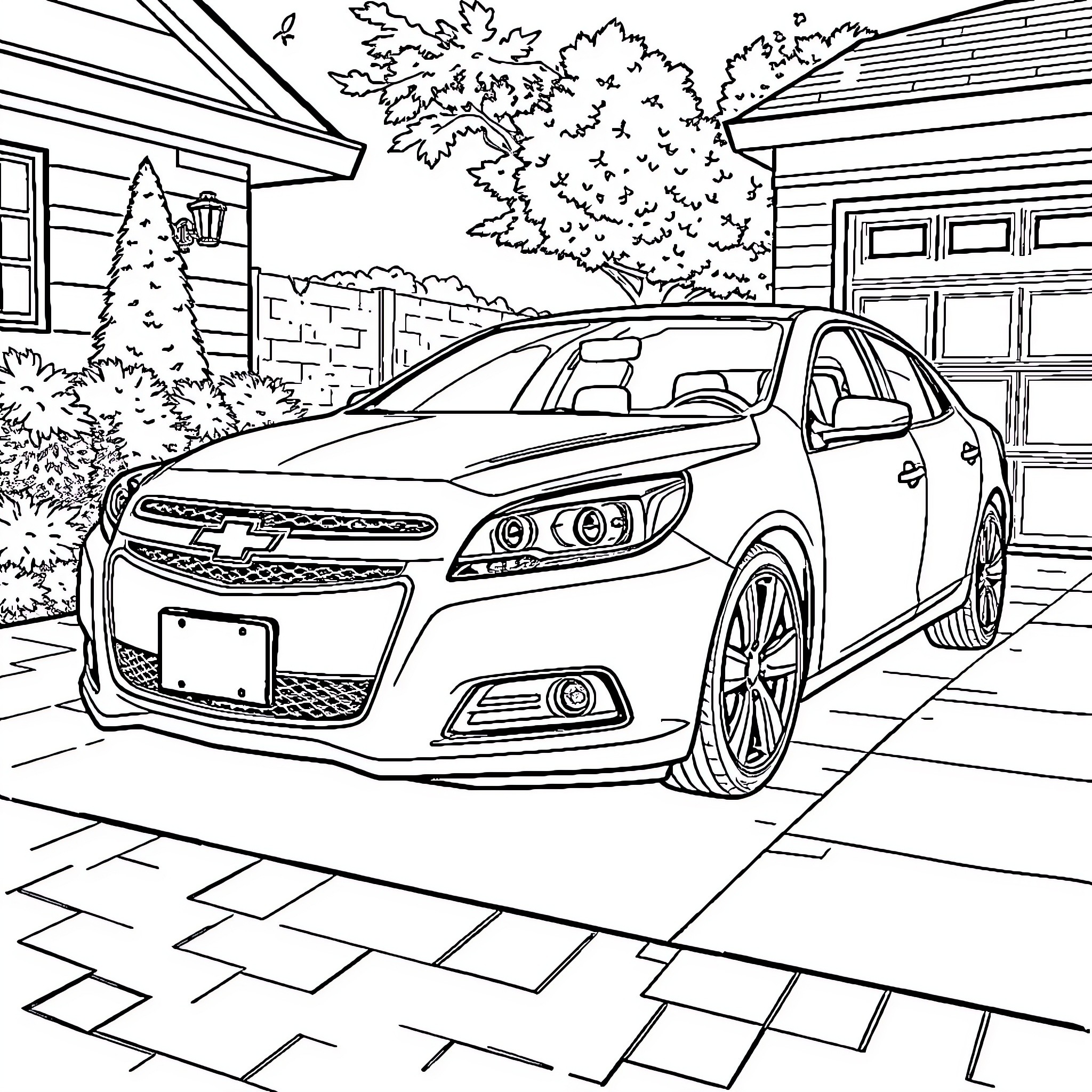 Chevy Malibu parked in driveway Coloring Page (free black-and-white line drawing printable PDF for all, from beginners to advanced learners, including children, teens, adults, and seniors)
