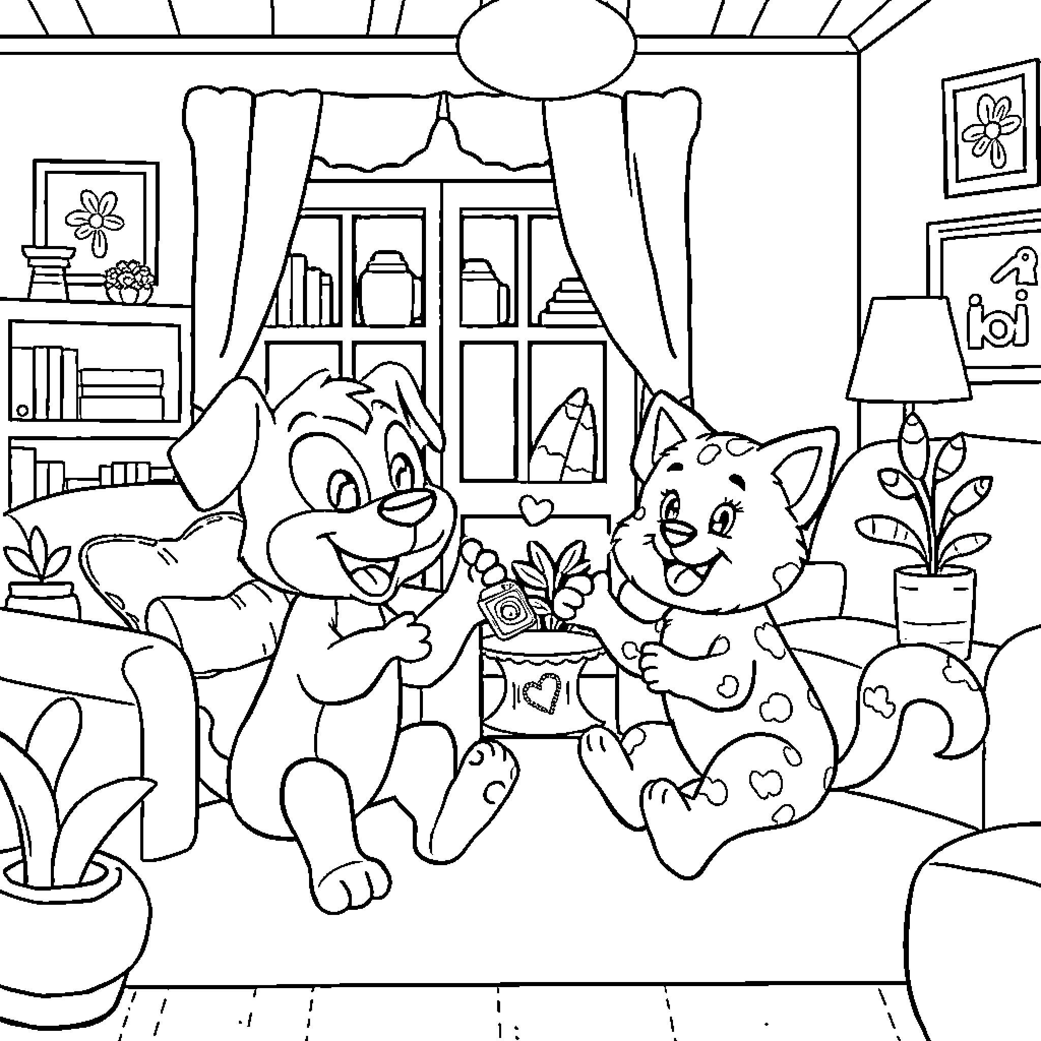 Bluey and Friends Explore the Cozy Indoor Scene Coloring Page (free black-and-white line drawing printable PDF for all, from beginners to advanced learners, including children, teens, adults, and seniors)