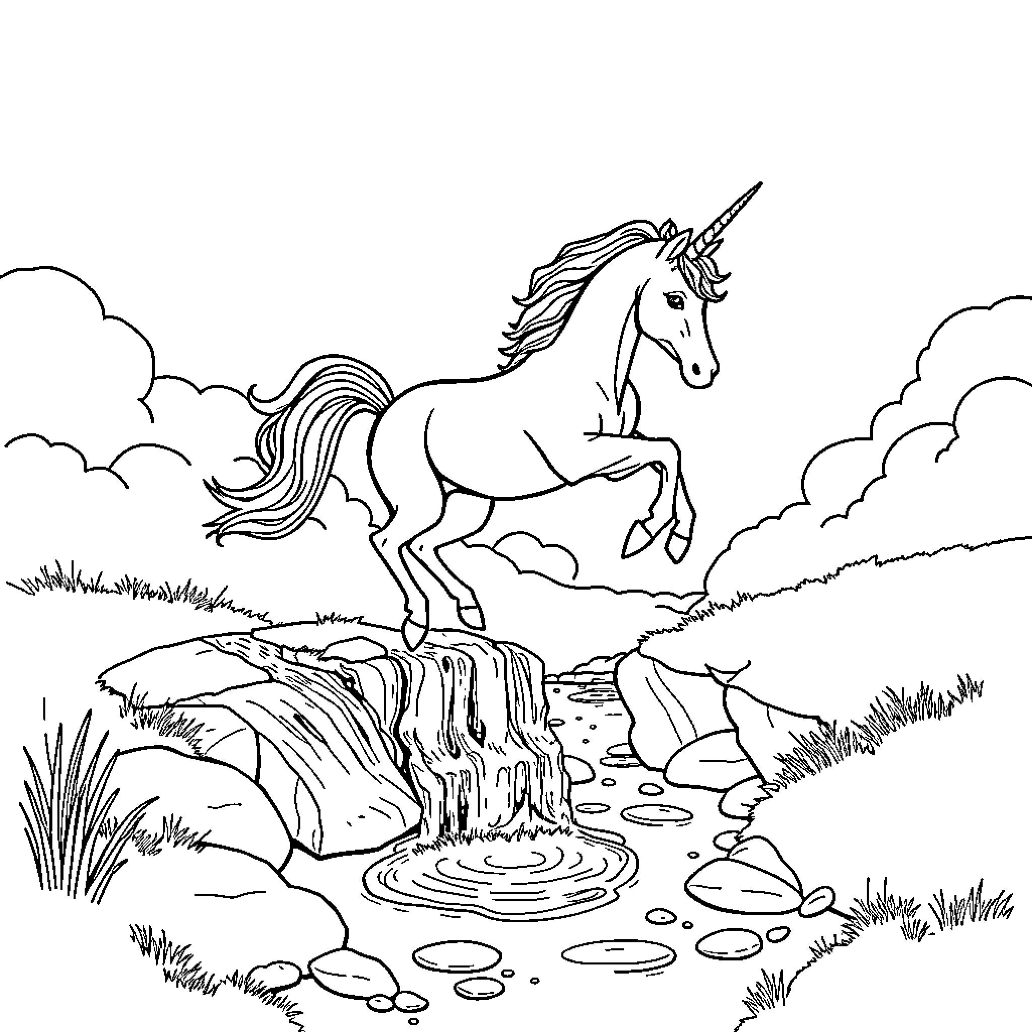 Unicorn galloping gracefully through a mystical landscape Coloring Page (free black-and-white line drawing printable PDF for all, from beginners to advanced learners, including children, teens, adults, and seniors)