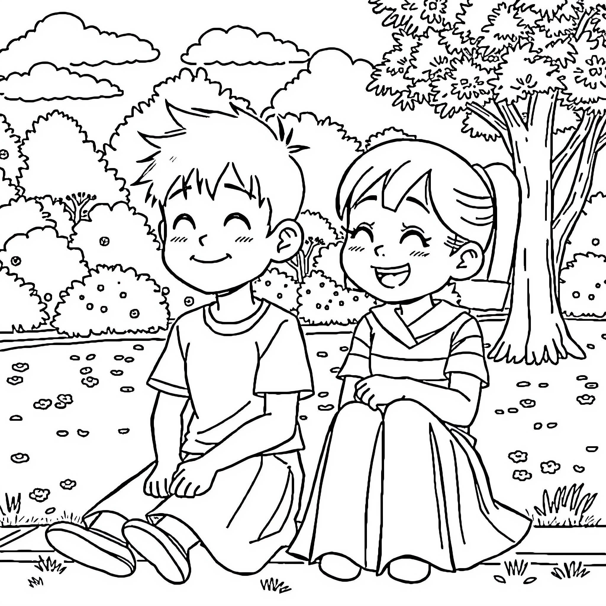 Nobita and Shizuka enjoying nature in the park Coloring Page (free black-and-white line drawing printable PDF for all, from beginners to advanced learners, including children, teens, adults, and seniors)