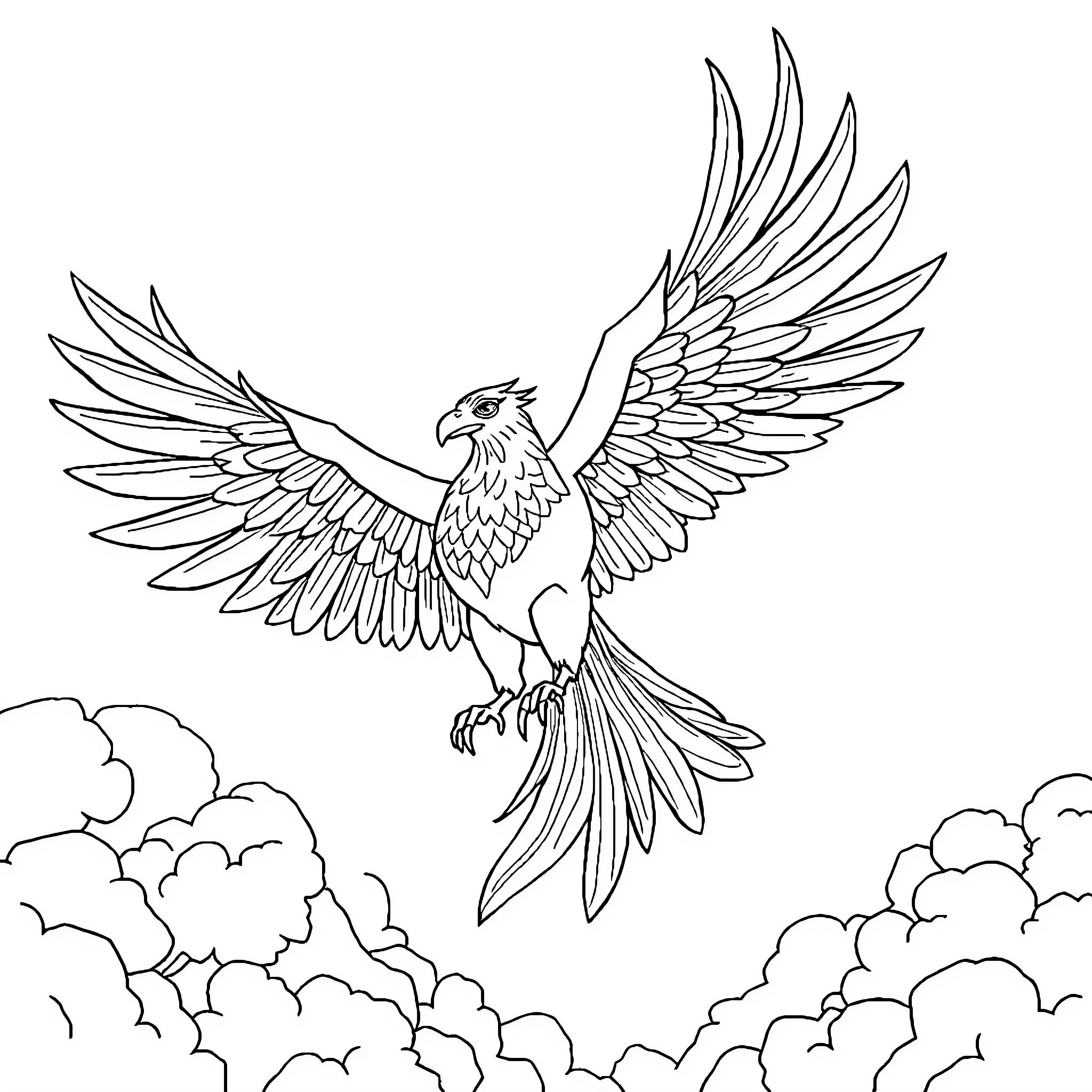 Garuda soaring among the clouds Coloring Page (free black-and-white line drawing printable PDF for all, from beginners to advanced learners, including children, teens, adults, and seniors)