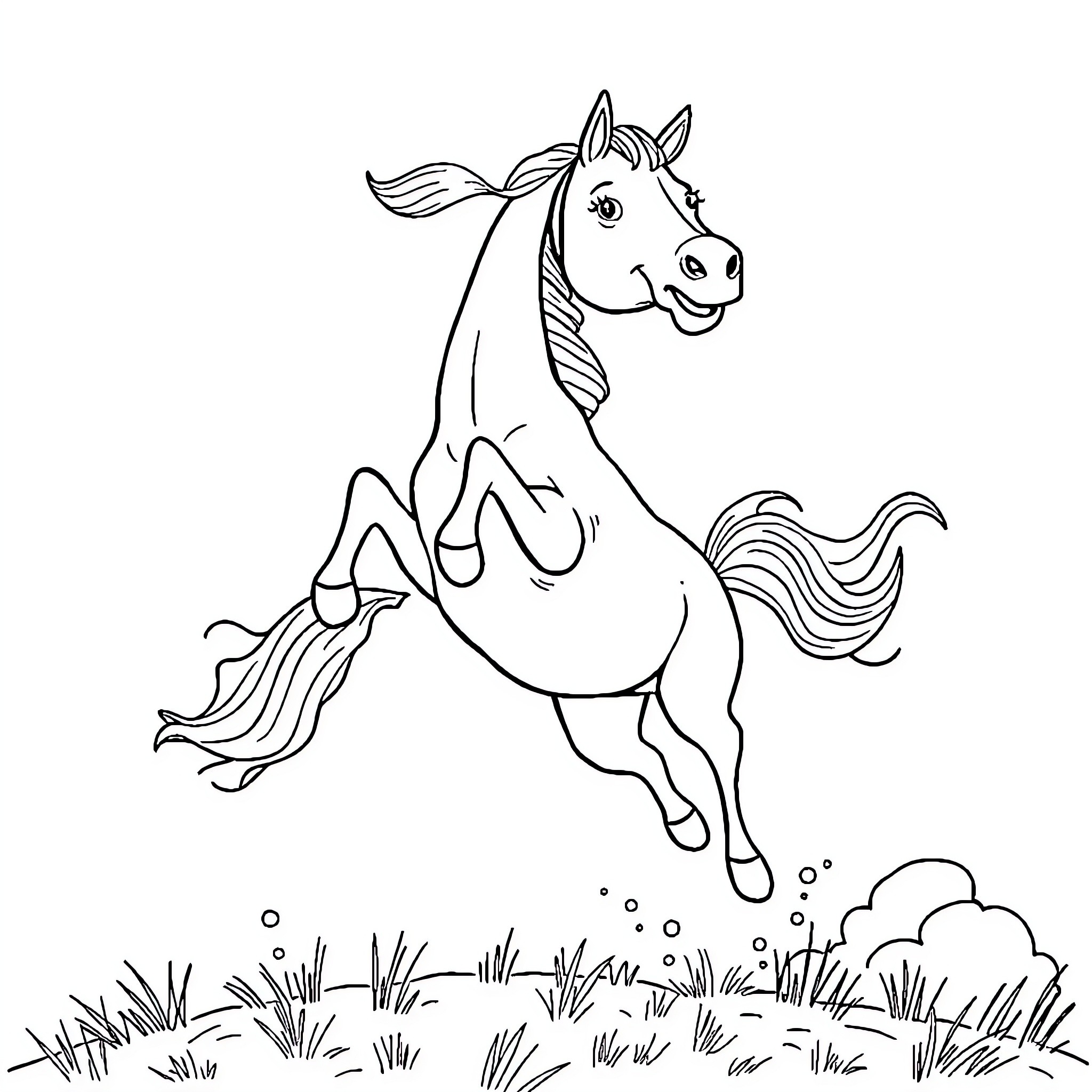 Horse galloping joyfully on grassy field Coloring Page (free black-and-white line drawing printable PDF for all, from beginners to advanced learners, including children, teens, adults, and seniors)