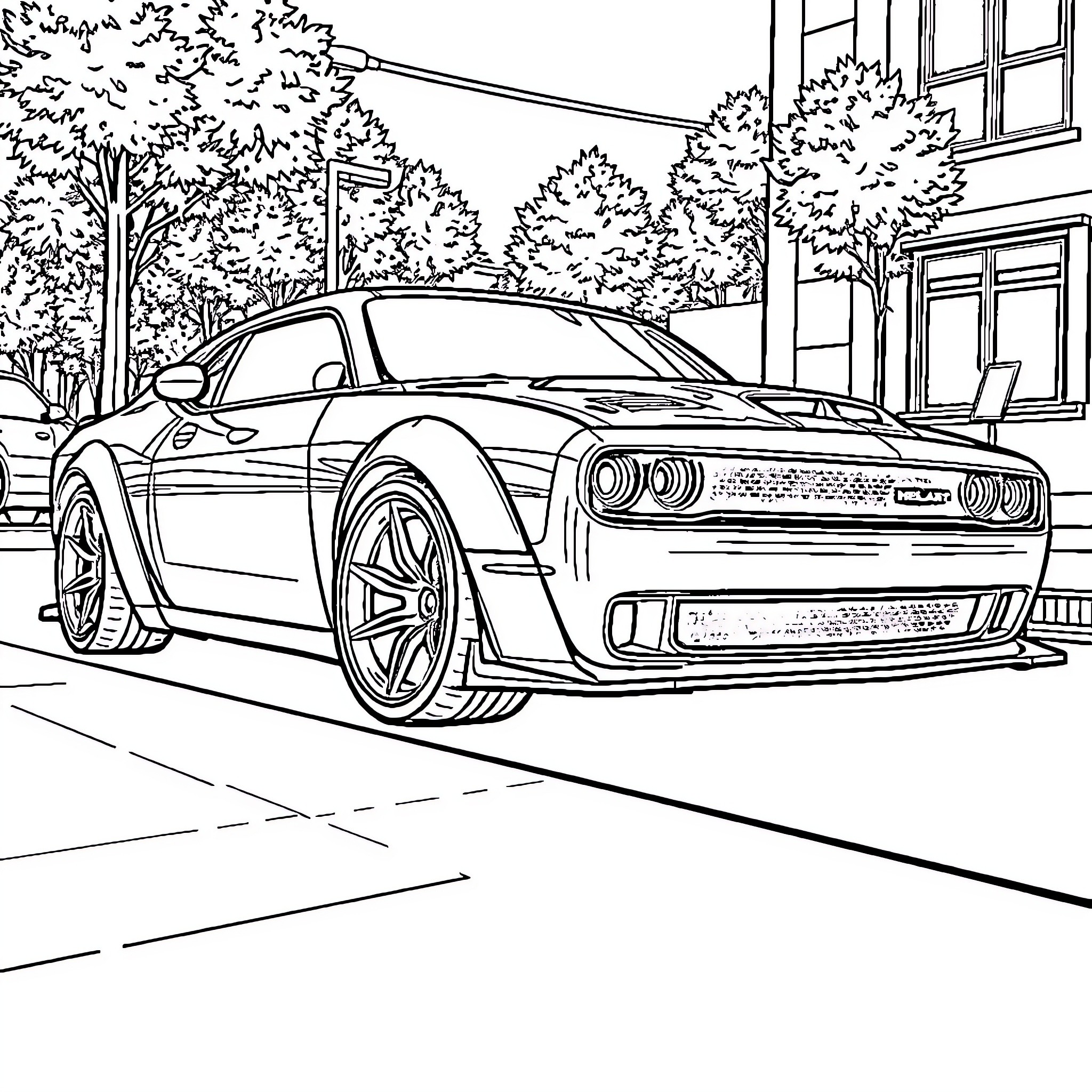 SRT Hellcat racing on city streets Coloring Page (free black-and-white line drawing printable PDF for all, from beginners to advanced learners, including children, teens, adults, and seniors)