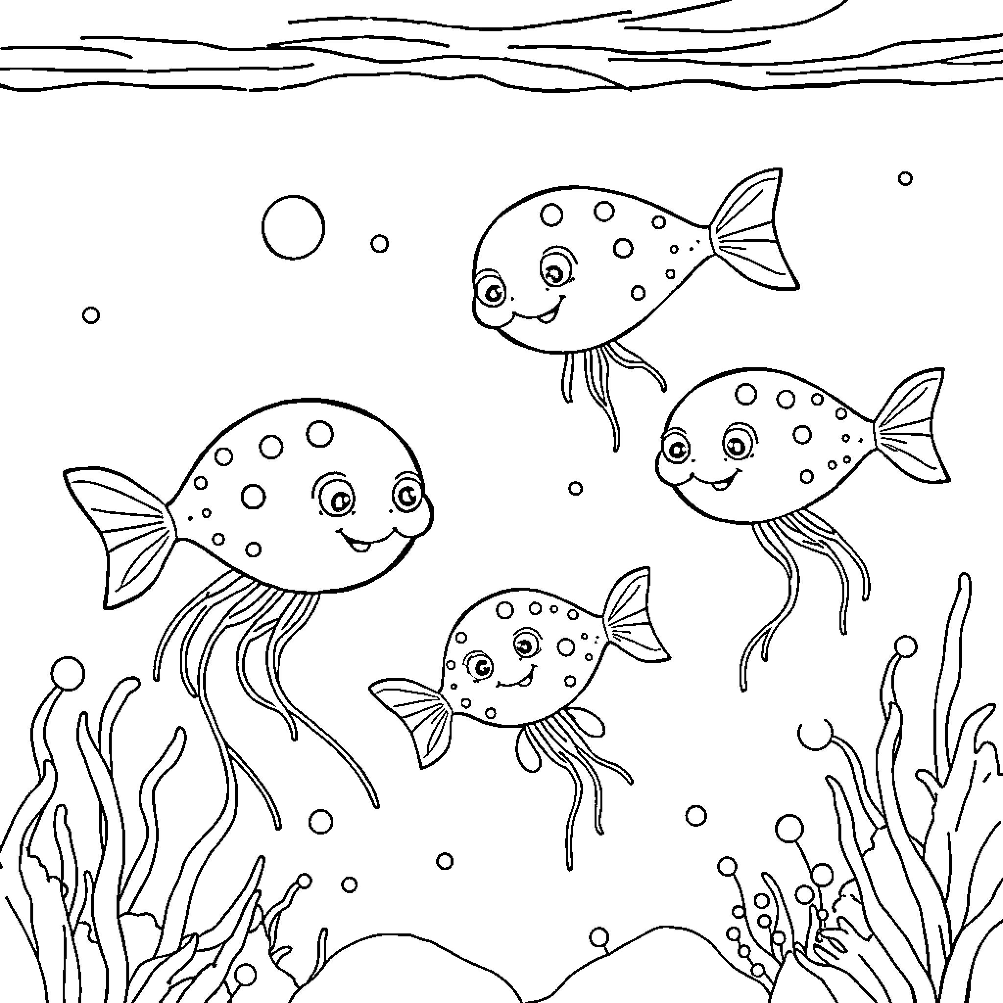 Paramecium happily swimming with marine life Coloring Page (free black-and-white line drawing printable PDF for all, from beginners to advanced learners, including children, teens, adults, and seniors)