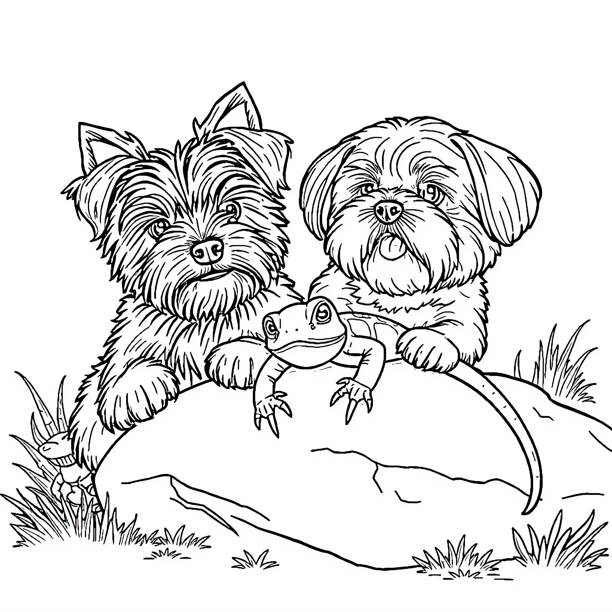 Yorkshire Terriers playing with a lizard in the outdoors Coloring Page (free black-and-white line drawing printable PDF for all, from beginners to advanced learners, including children, teens, adults, and seniors)