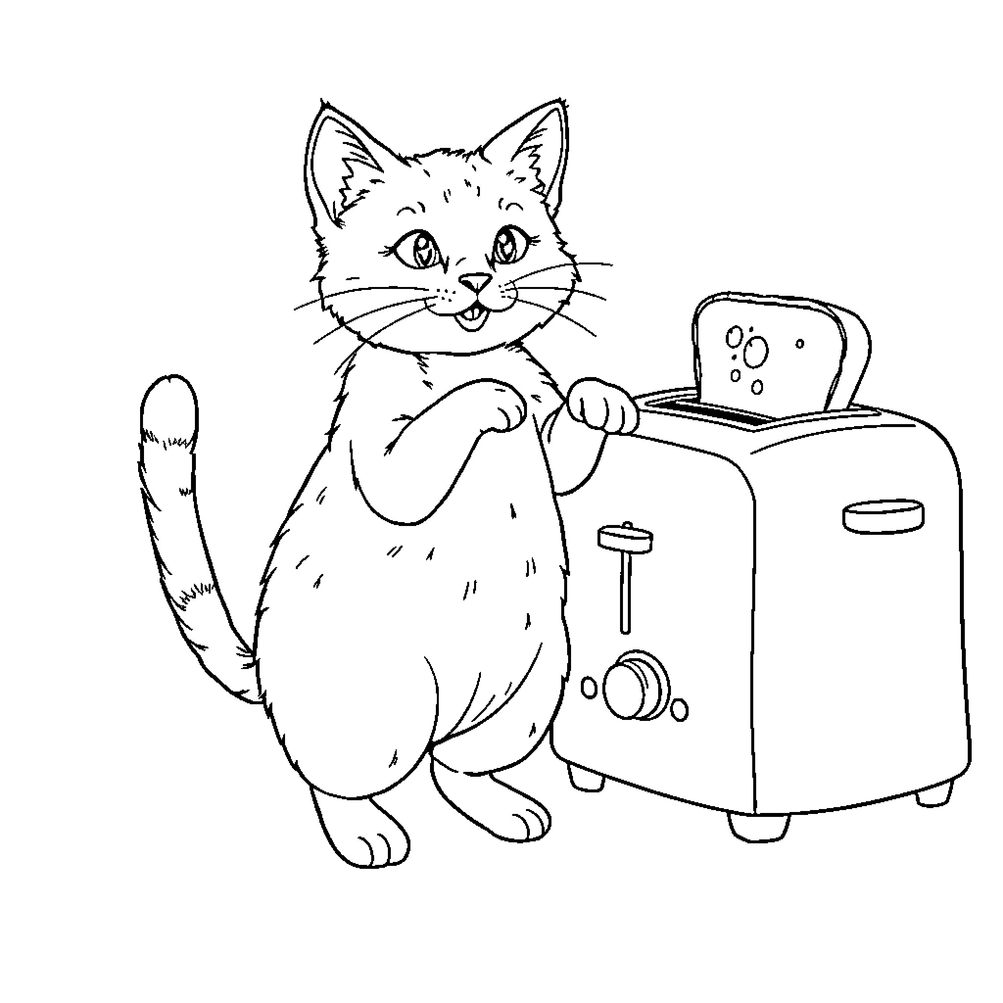 Cat interacting with kitchen appliance Coloring Page (free black-and-white line drawing printable PDF for all, from beginners to advanced learners, including children, teens, adults, and seniors)