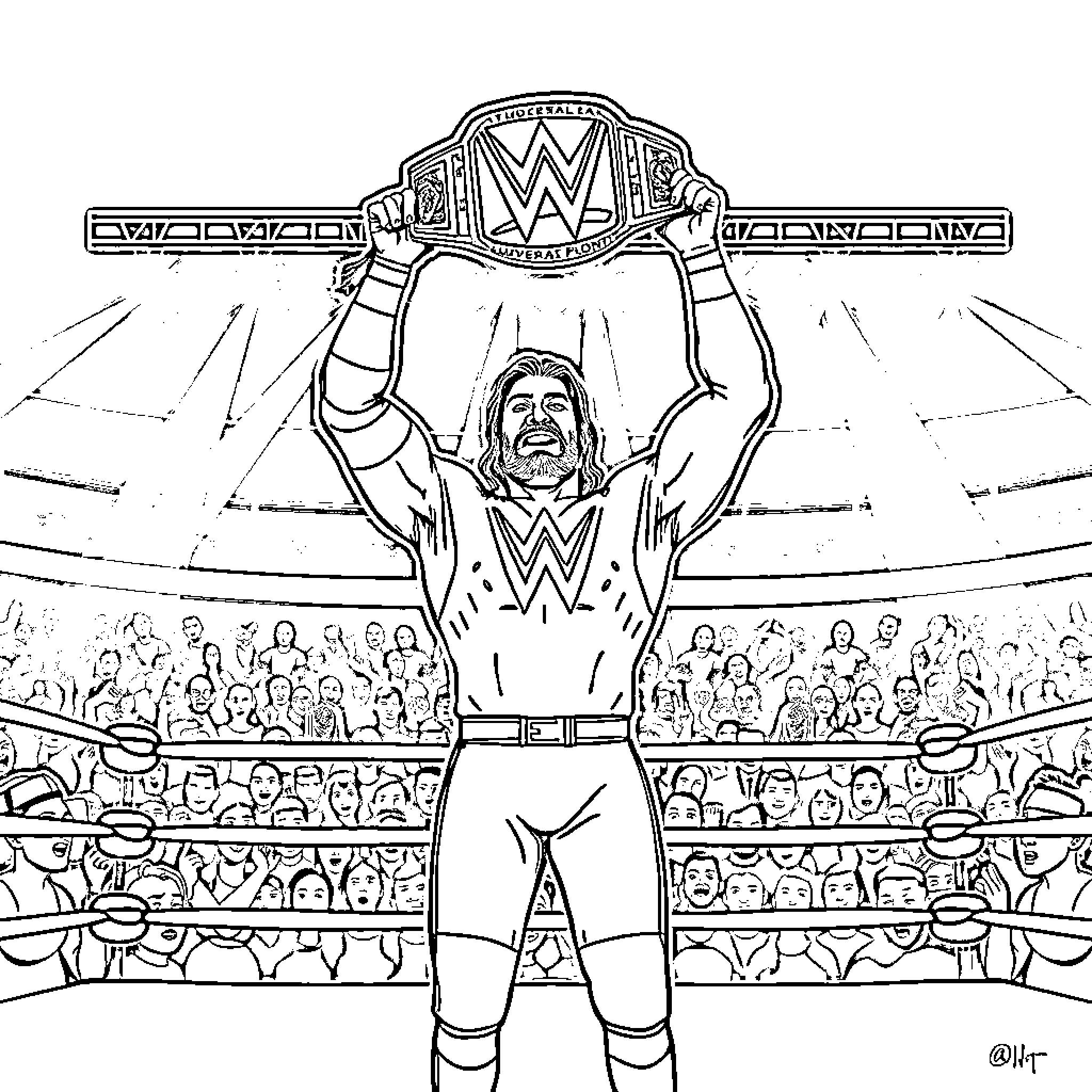 Jey Uso celebrating victory in the wrestling ring Coloring Page (free black-and-white line drawing printable PDF for all, from beginners to advanced learners, including children, teens, adults, and seniors)