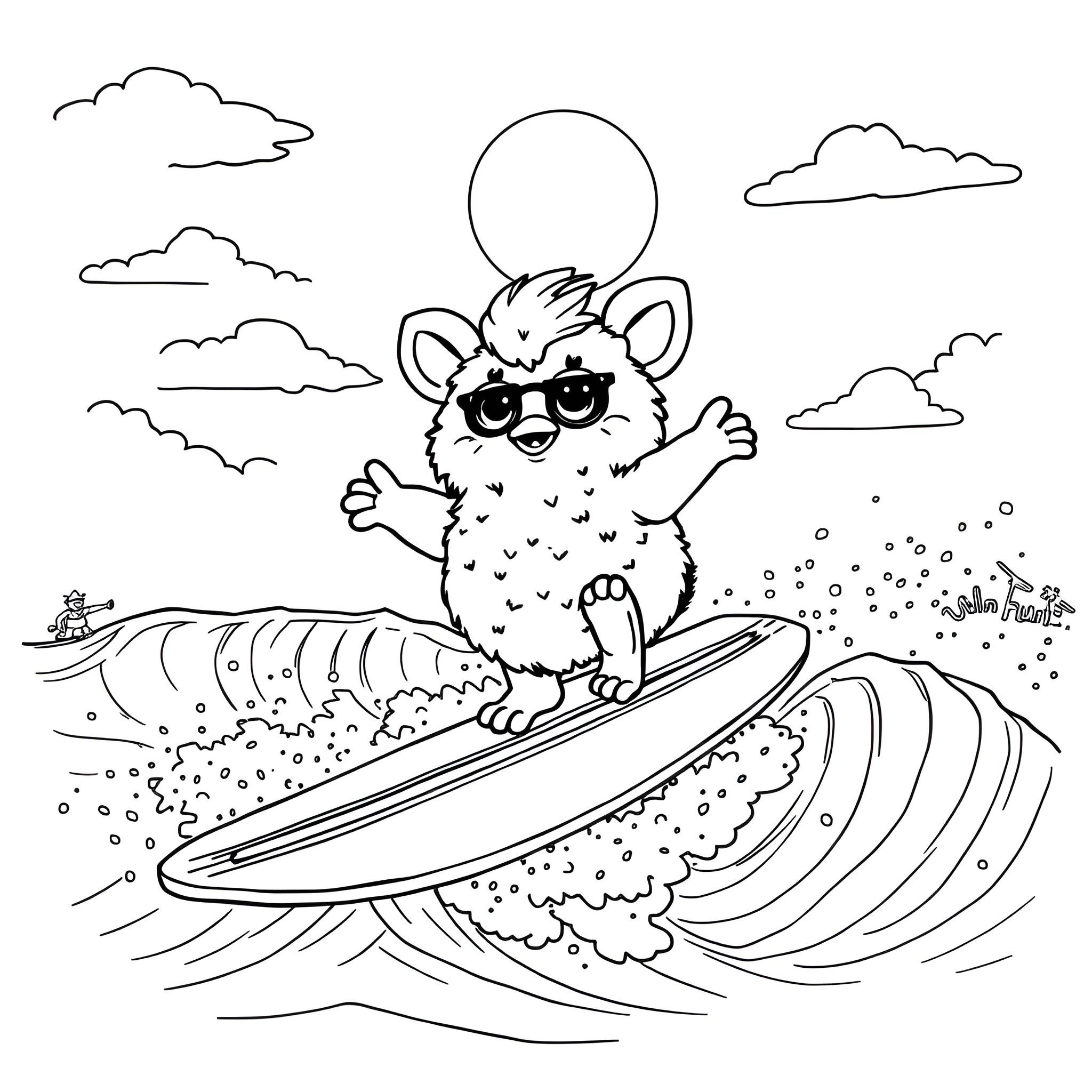 Furby surfing on a big wave with sunglasses Coloring Page (free black-and-white line drawing printable PDF for all, from beginners to advanced learners, including children, teens, adults, and seniors)