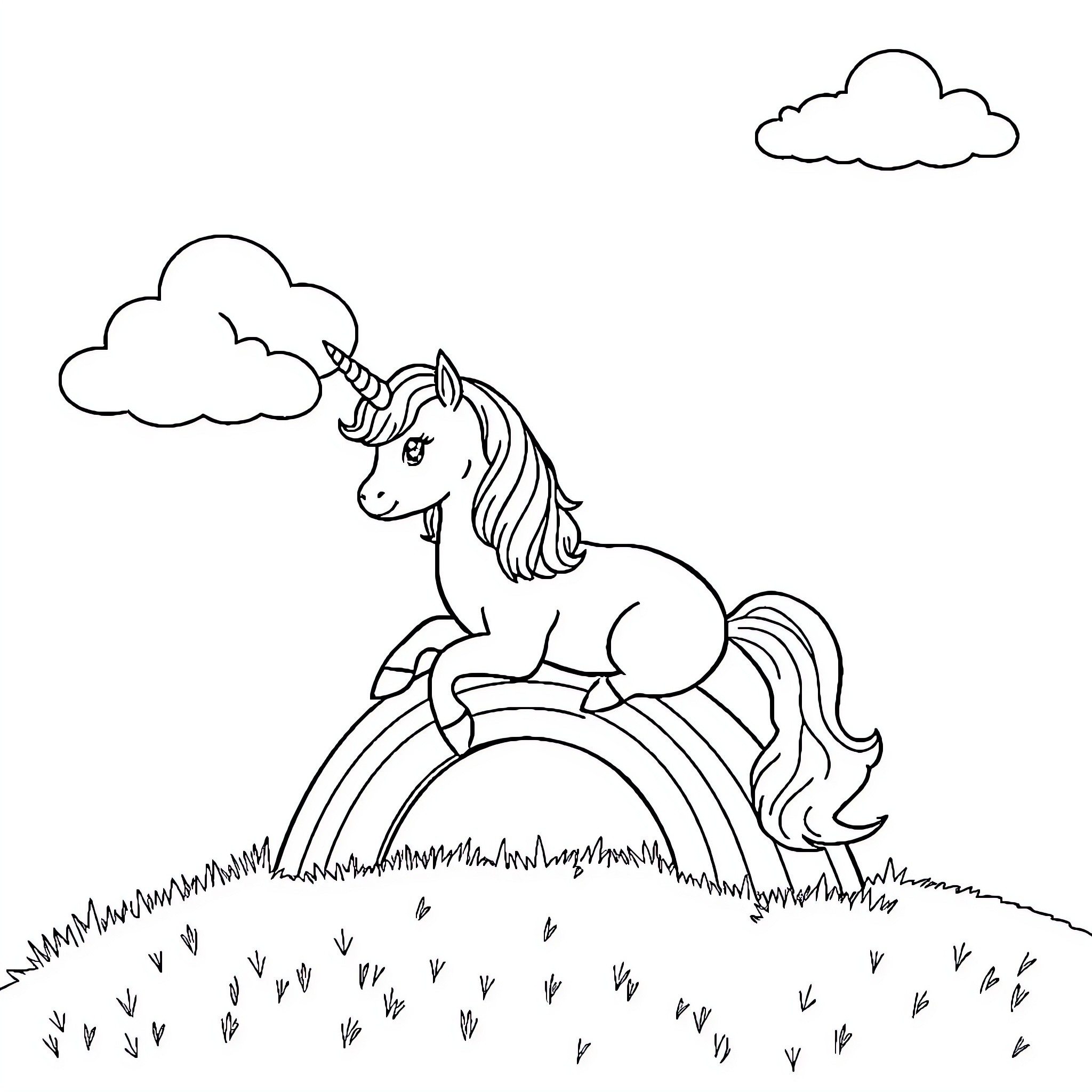 Unicorn sitting on a rainbow in the meadow Coloring Page (free black-and-white line drawing printable PDF for all, from beginners to advanced learners, including children, teens, adults, and seniors)