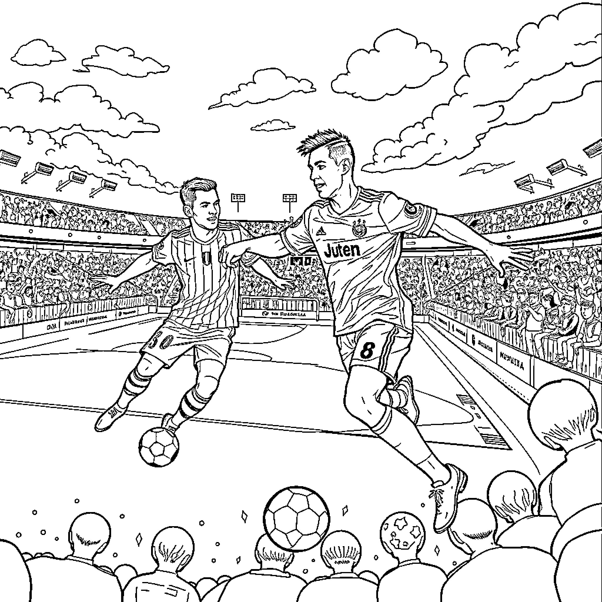 Messi in an intense soccer match on the field Coloring Page (free black-and-white line drawing printable PDF for all, from beginners to advanced learners, including children, teens, adults, and seniors)