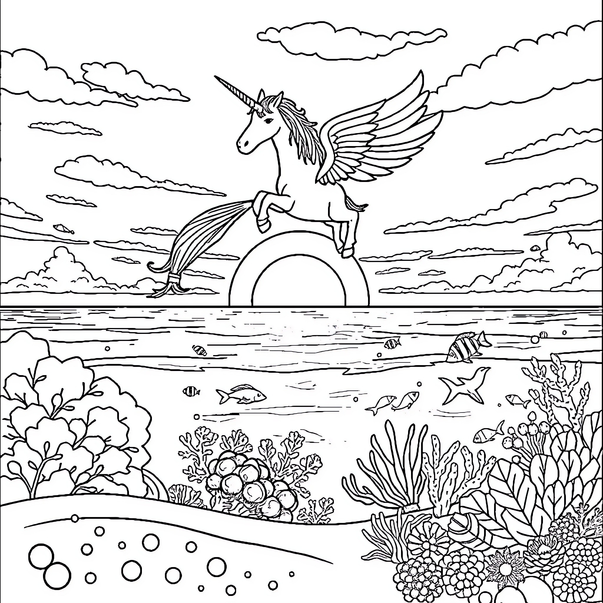 Unicorn soaring above the enchanting underwater scene Coloring Page (free black-and-white line drawing printable PDF for all, from beginners to advanced learners, including children, teens, adults, and seniors)
