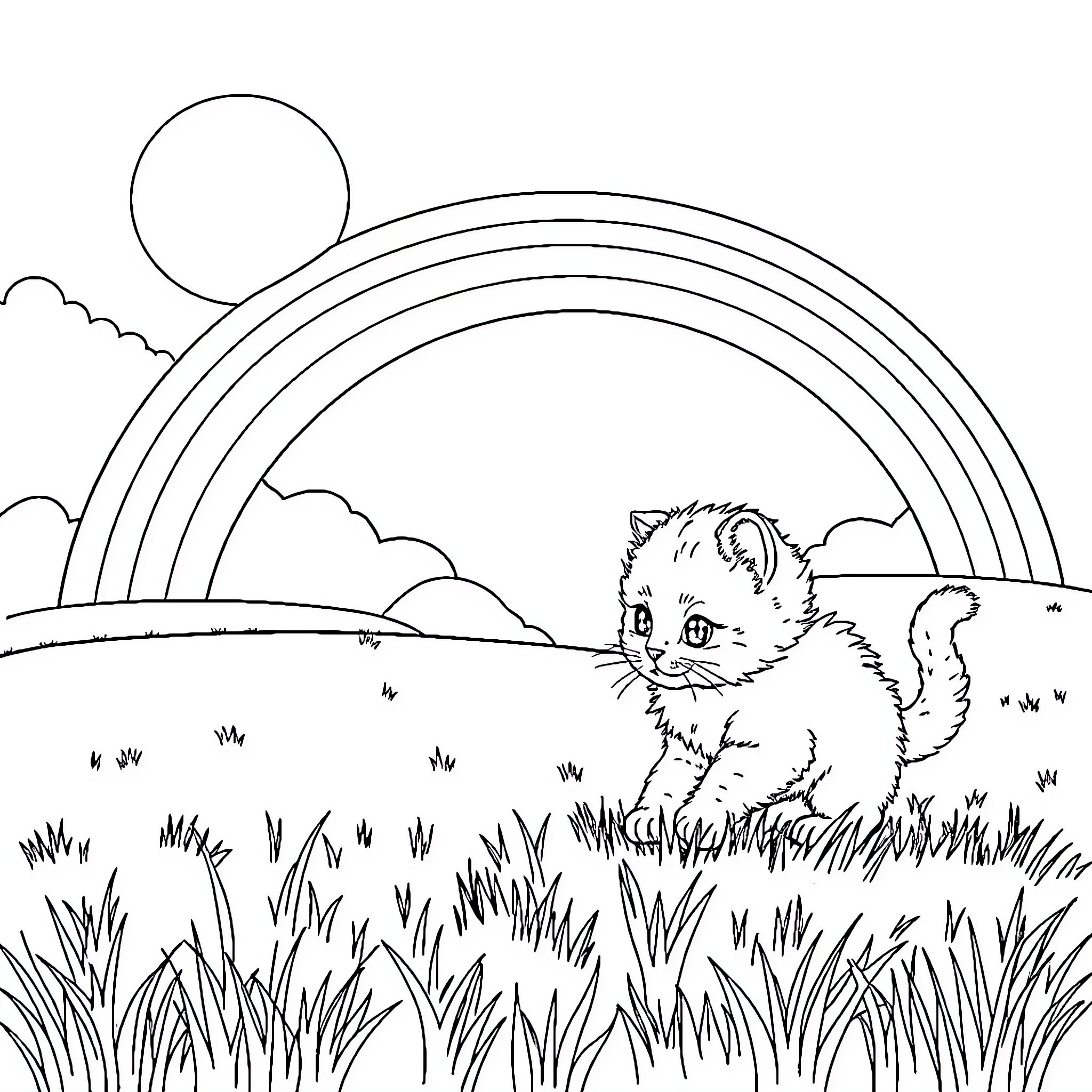 Kitten exploring a grassy field with a rainbow Coloring Page (free black-and-white line drawing printable PDF for all, from beginners to advanced learners, including children, teens, adults, and seniors)