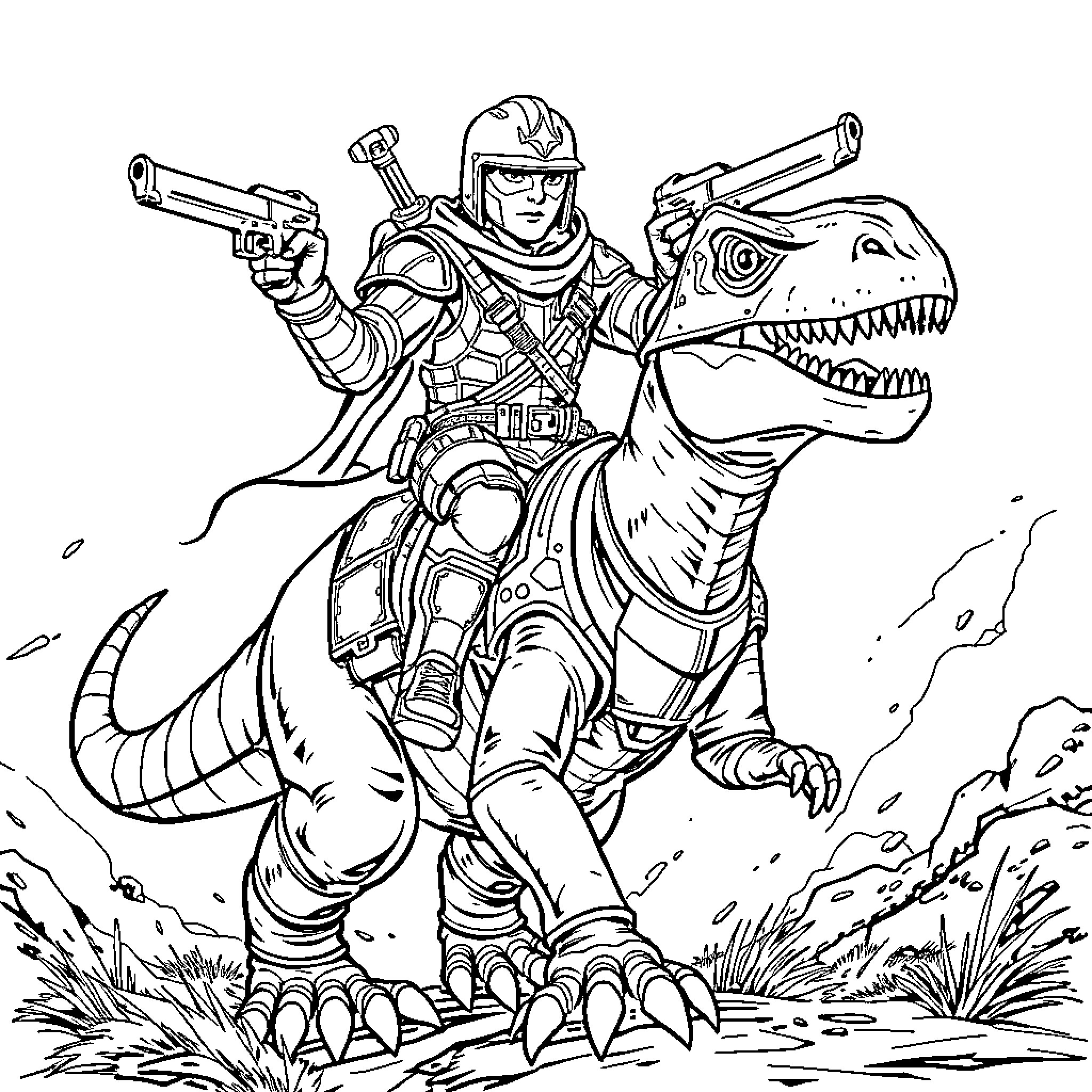 Ranger battles ferocious dinosaur in the wild Coloring Page (free black-and-white line drawing printable PDF for all, from beginners to advanced learners, including children, teens, adults, and seniors)