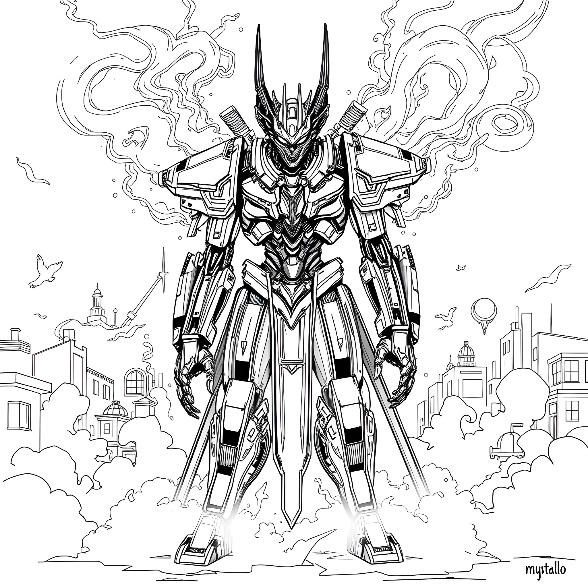 Mystallo: Towering Mecha Guardian Stands Tall Coloring Page (free black-and-white line drawing printable PDF for all, from beginners to advanced learners, including children, teens, adults, and seniors)