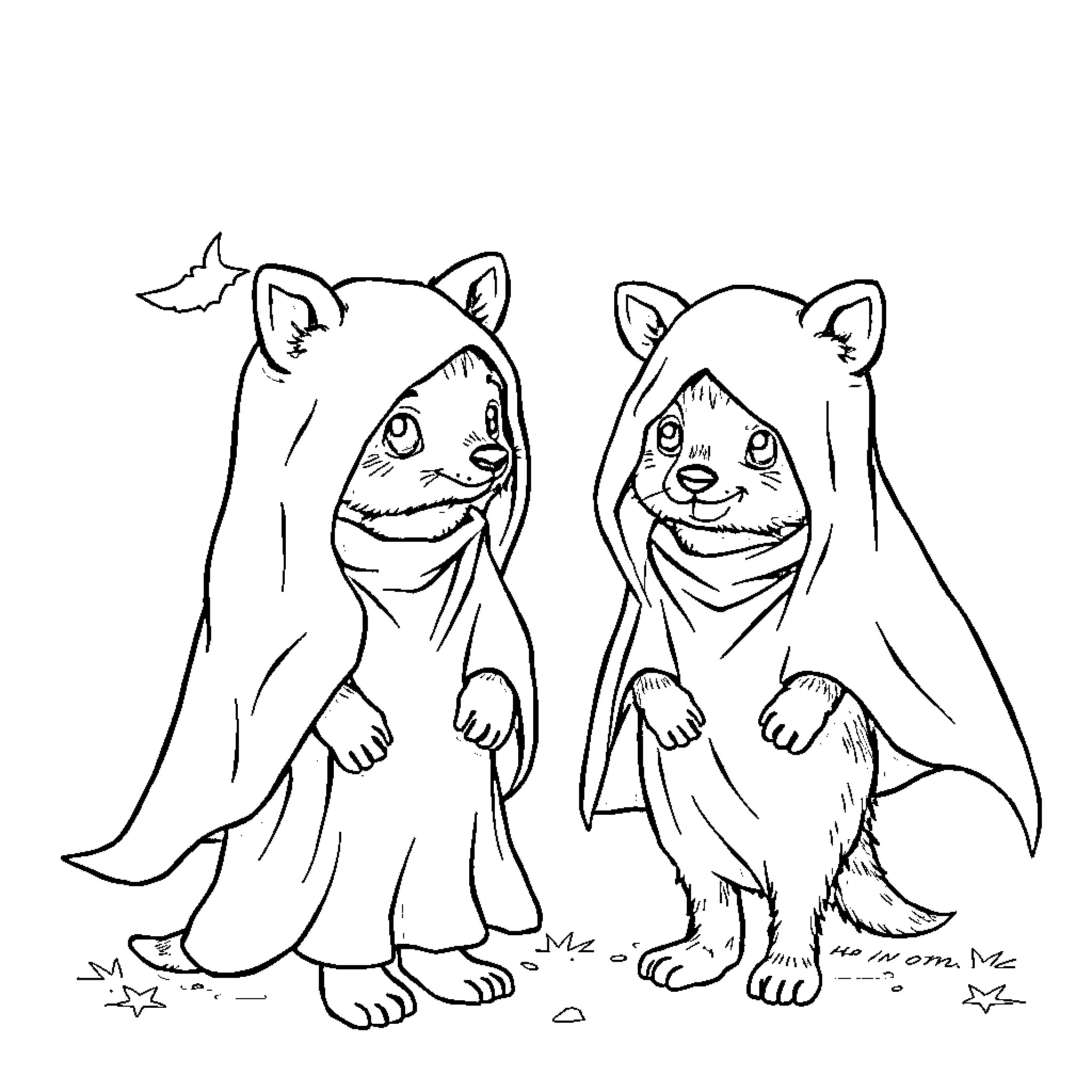 Animal friends dressed in cloaks exploring the outdoors Coloring Page (free black-and-white line drawing printable PDF for all, from beginners to advanced learners, including children, teens, adults, and seniors)