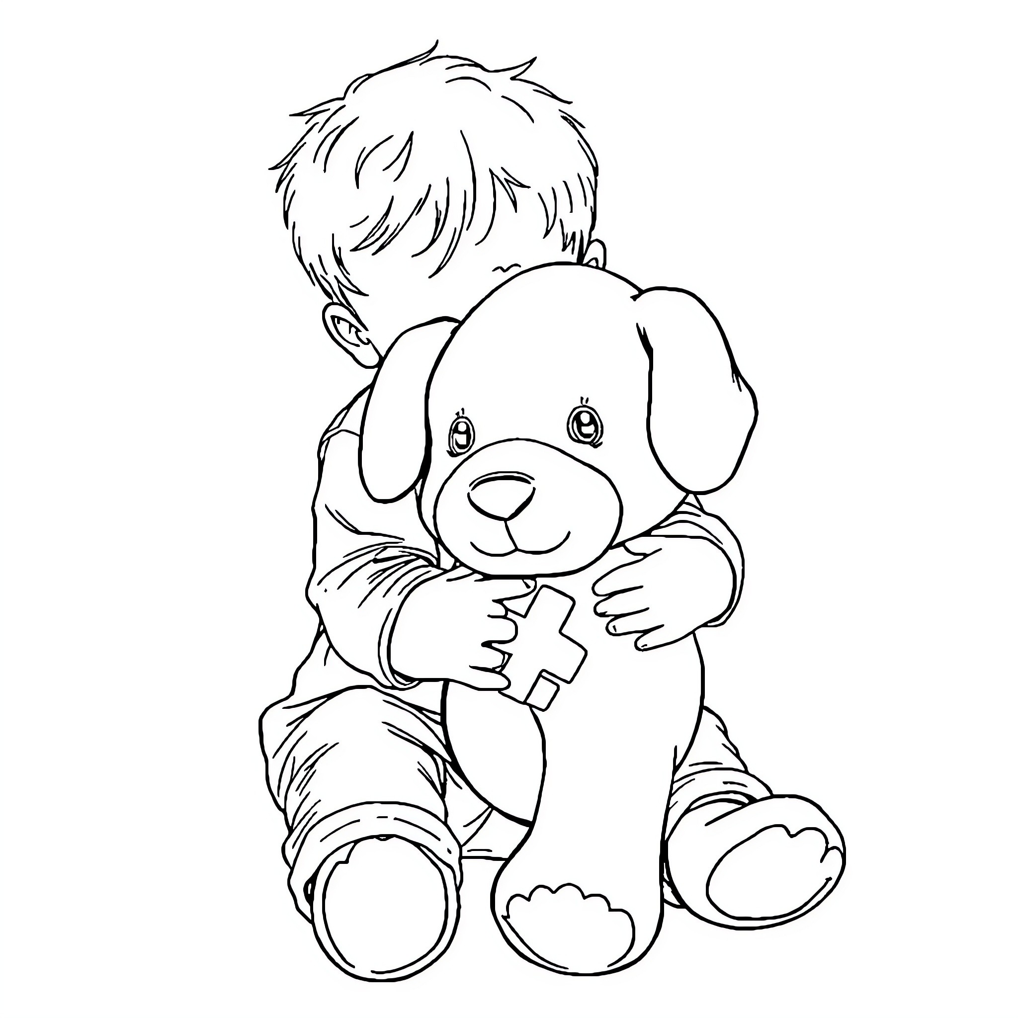 Toddler holding and embracing a plush puppy toy Coloring Page (free black-and-white line drawing printable PDF for all, from beginners to advanced learners, including children, teens, adults, and seniors)