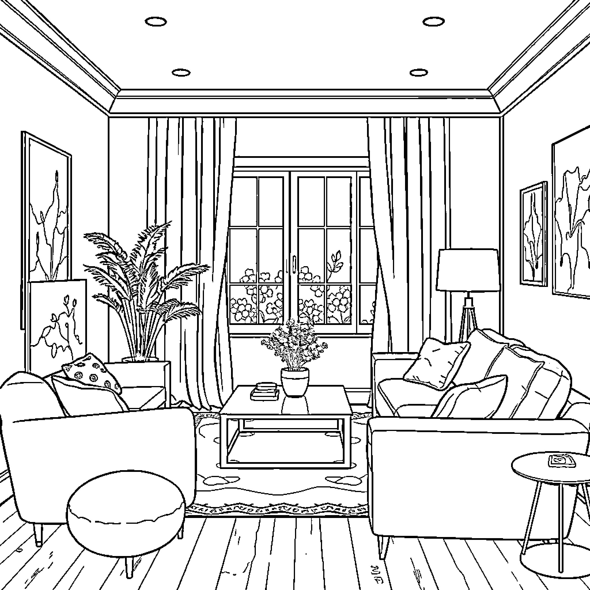 Interior Design of Cozy Living Room with Floral Accents Coloring Page (free black-and-white line drawing printable PDF for all, from beginners to advanced learners, including children, teens, adults, and seniors)