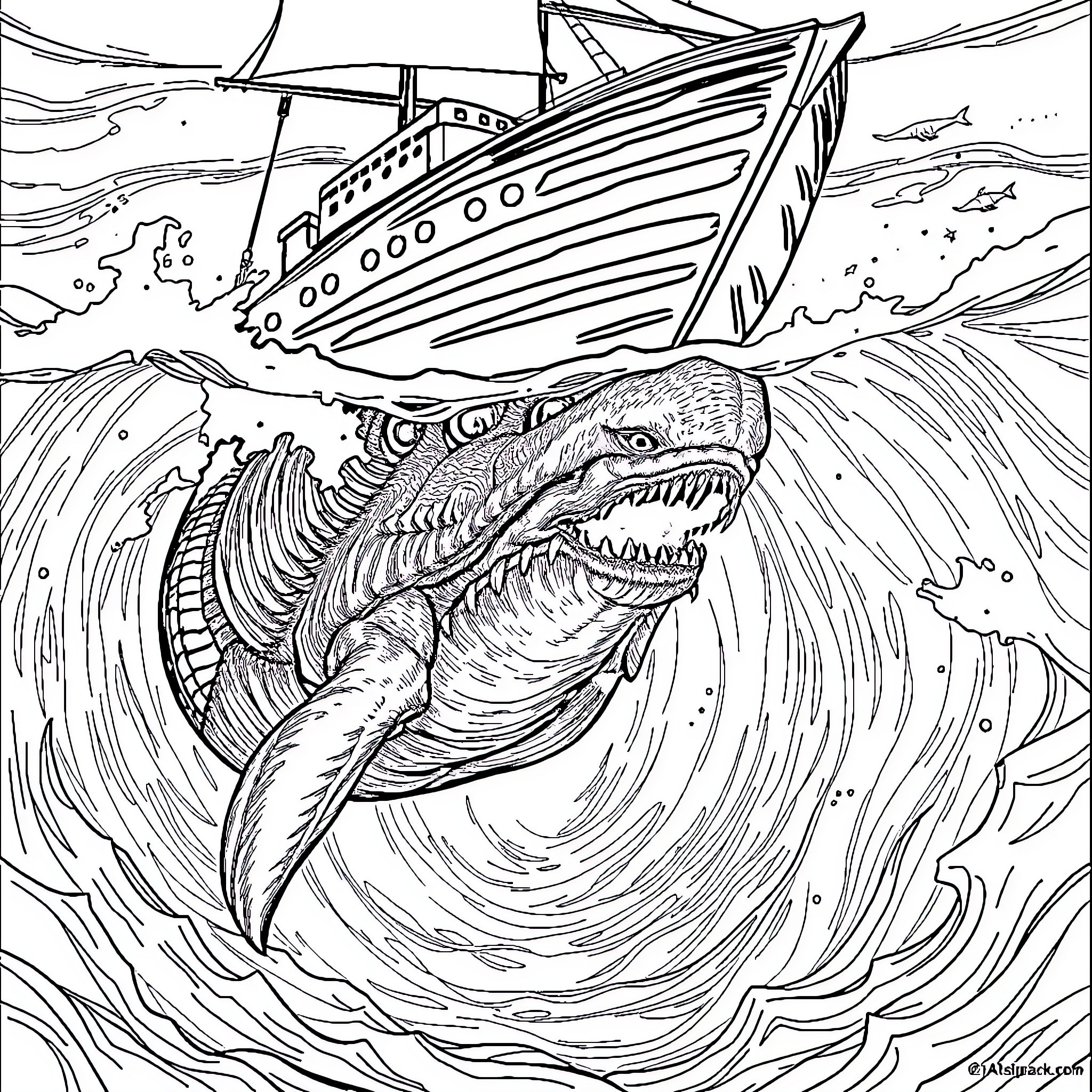 Sea Monster Attacking Sinking Ship at Sea Coloring Page (free black-and-white line drawing printable PDF for all, from beginners to advanced learners, including children, teens, adults, and seniors)