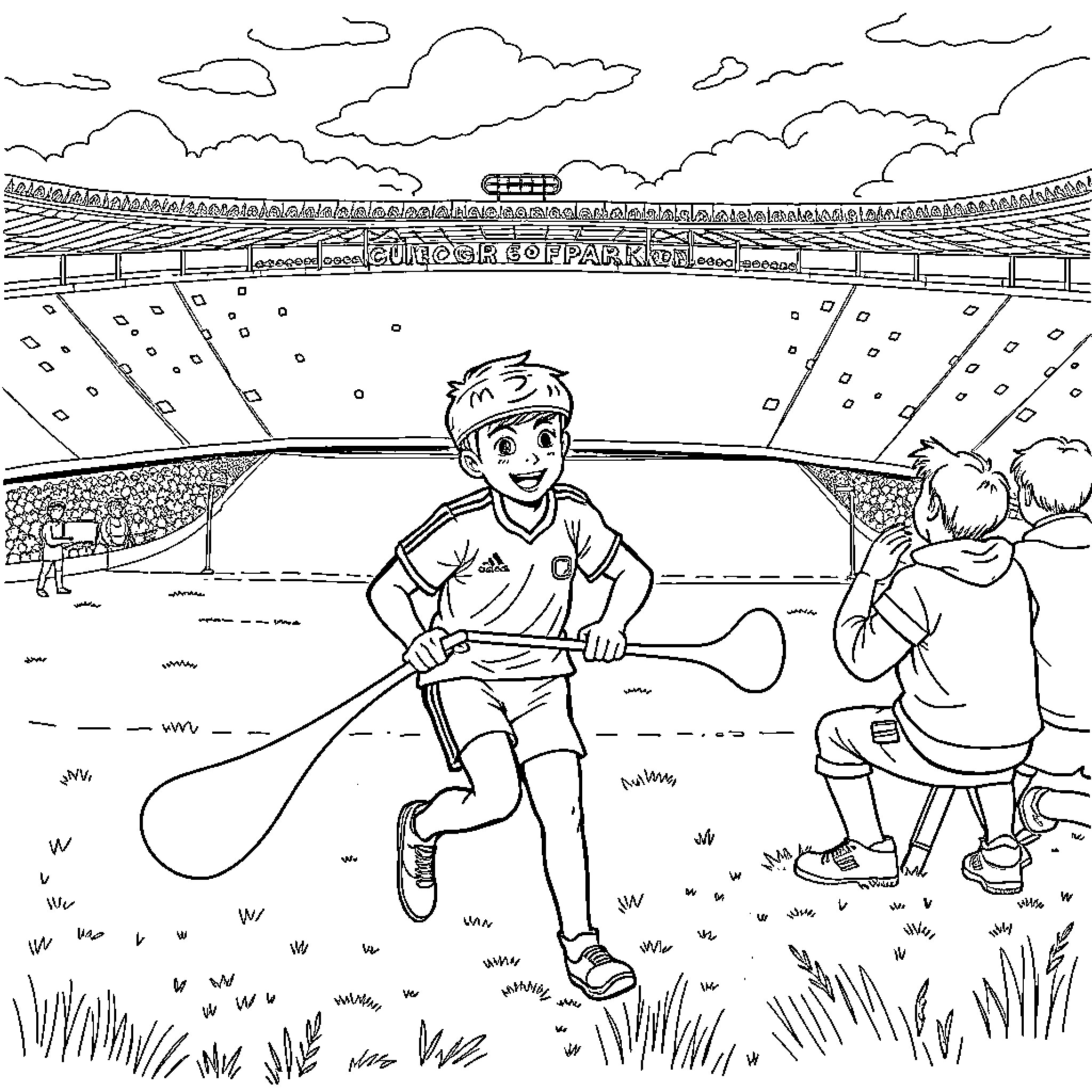 Boy playing baseball with friend at park Coloring Page (free black-and-white line drawing printable PDF for all, from beginners to advanced learners, including children, teens, adults, and seniors)