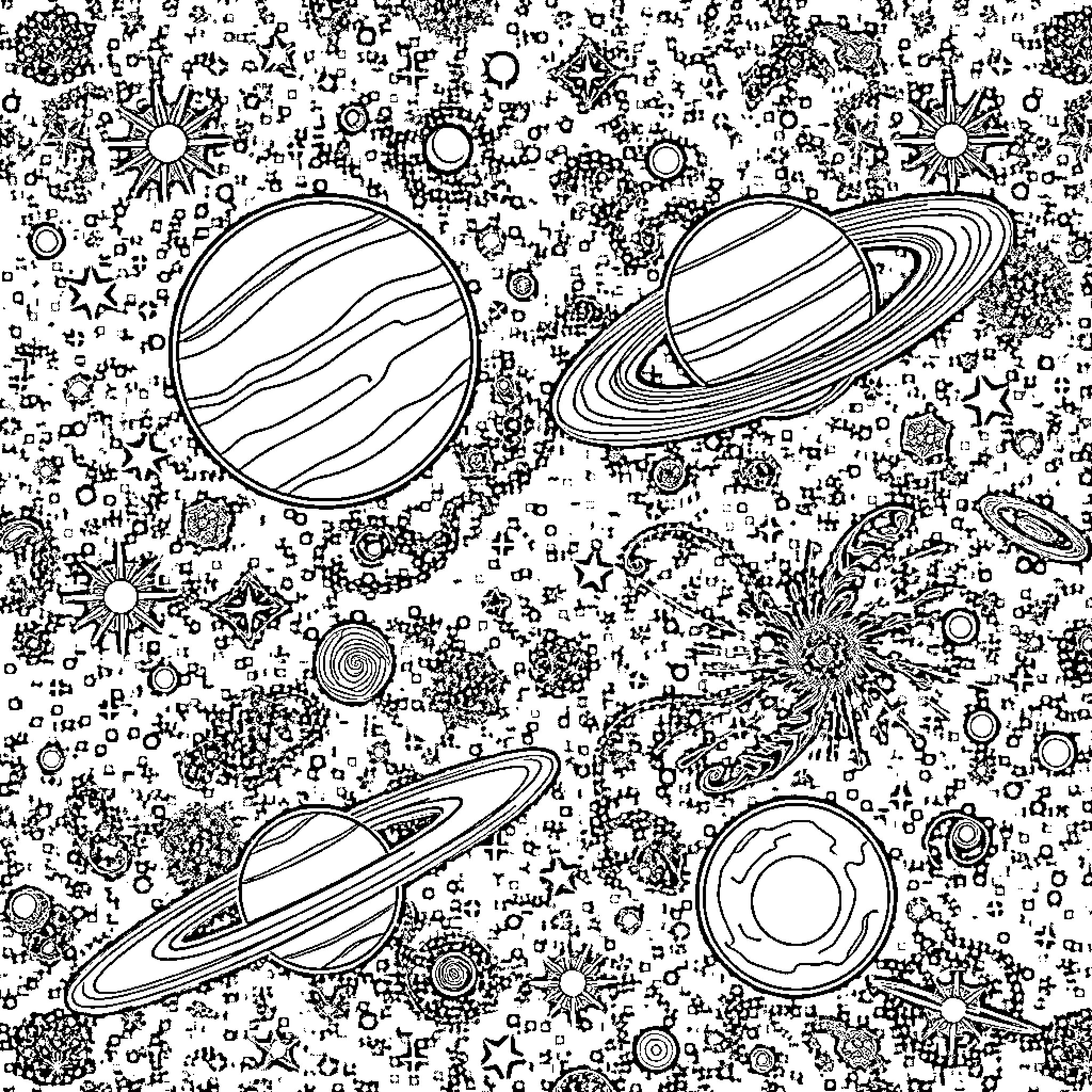 Universe of Cosmic Wonders and Celestial Shapes Coloring Page (free black-and-white line drawing printable PDF for all, from beginners to advanced learners, including children, teens, adults, and seniors)