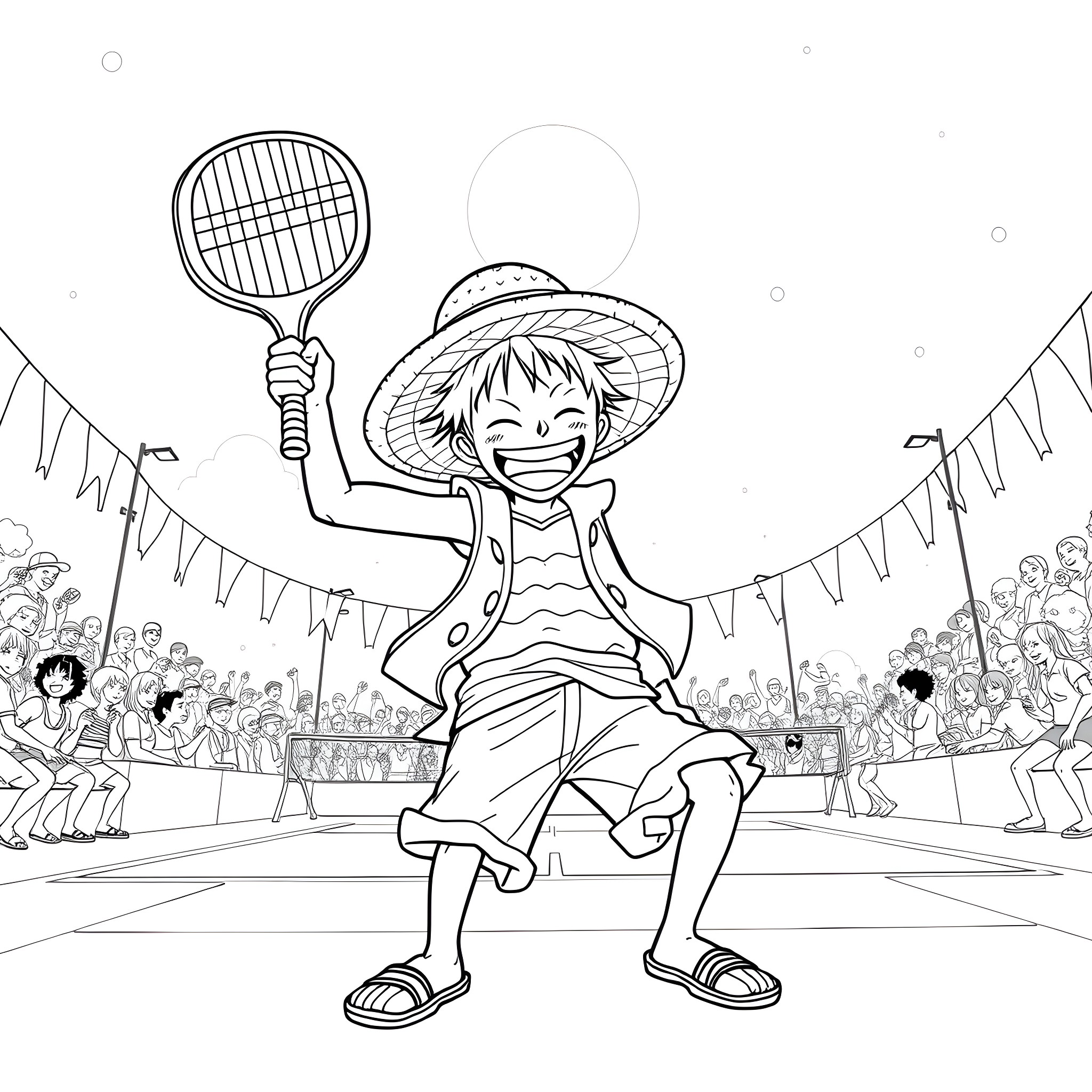 Luffy's Joyful Tennis Tournament Victory Coloring Page (free black-and-white line drawing printable PDF for all, from beginners to advanced learners, including children, teens, adults, and seniors)