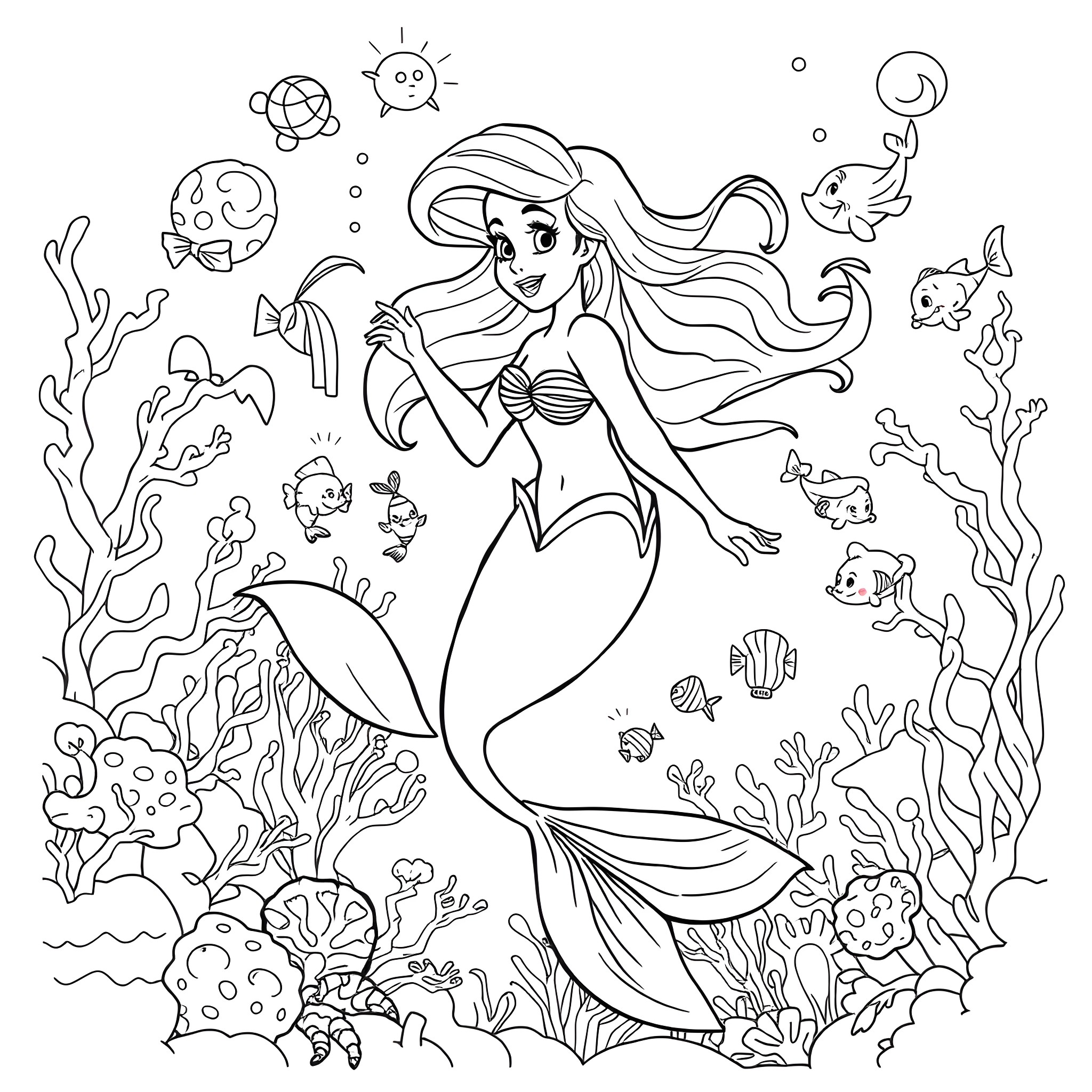 Mermaid swimming amidst marine life Coloring Page (free black-and-white line drawing printable PDF for all, from beginners to advanced learners, including children, teens, adults, and seniors)