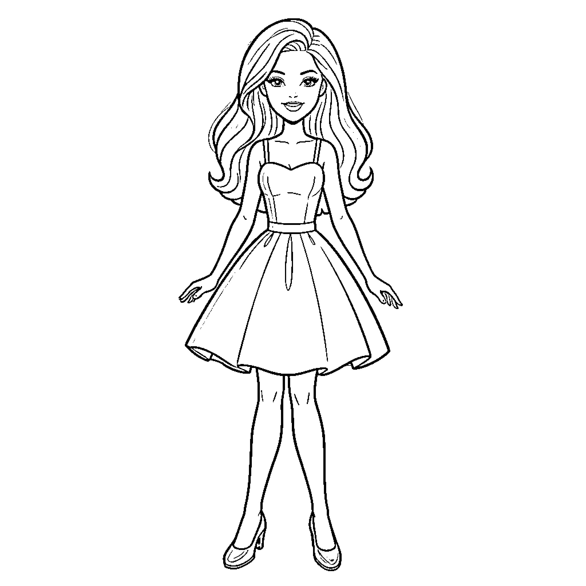 Barbie posing elegantly in a fashionable dress Coloring Page (free black-and-white line drawing printable PDF for all, from beginners to advanced learners, including children, teens, adults, and seniors)