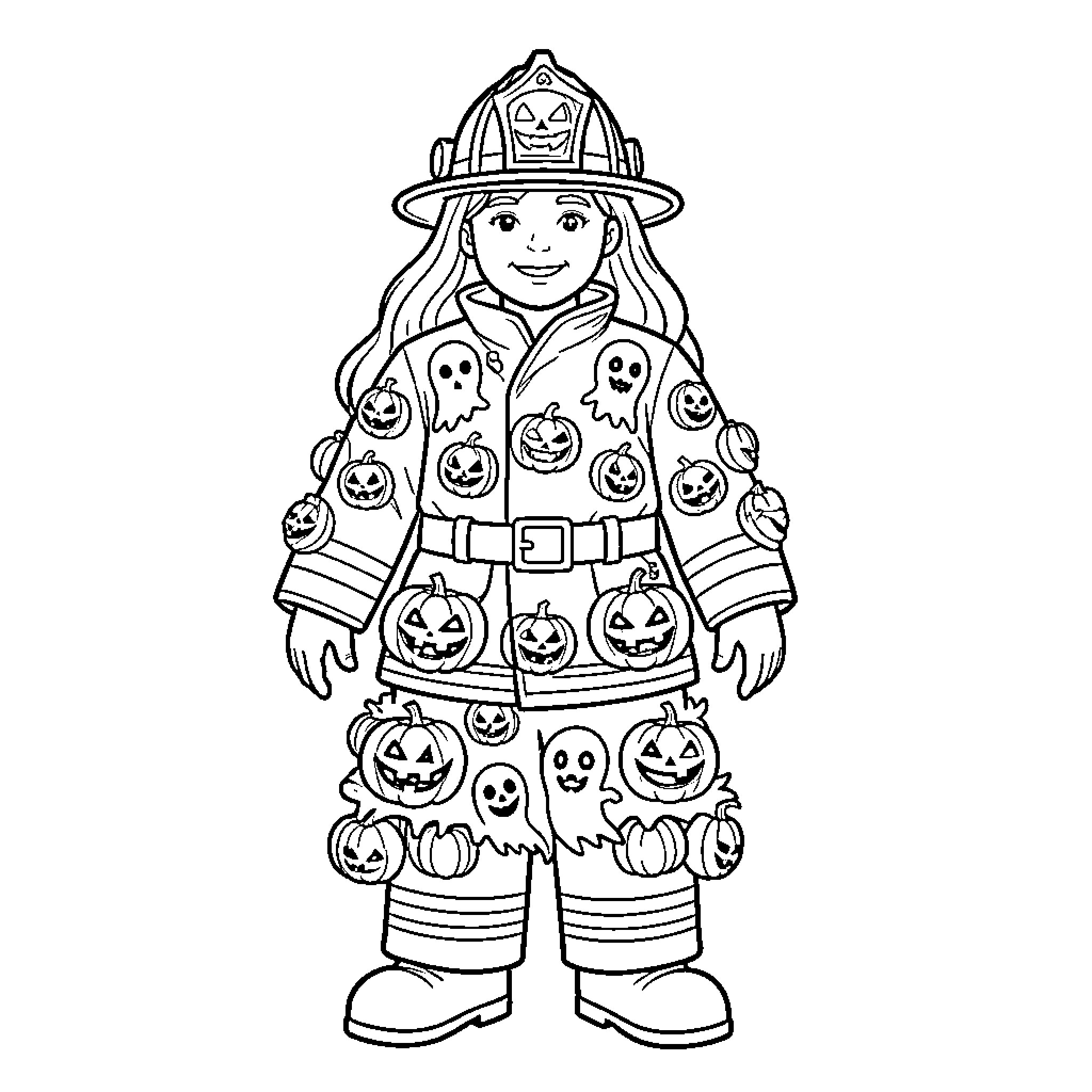 Firefighter Halloween costume with pumpkin and ghost decor Coloring Page (free black-and-white line drawing printable PDF for all, from beginners to advanced learners, including children, teens, adults, and seniors)