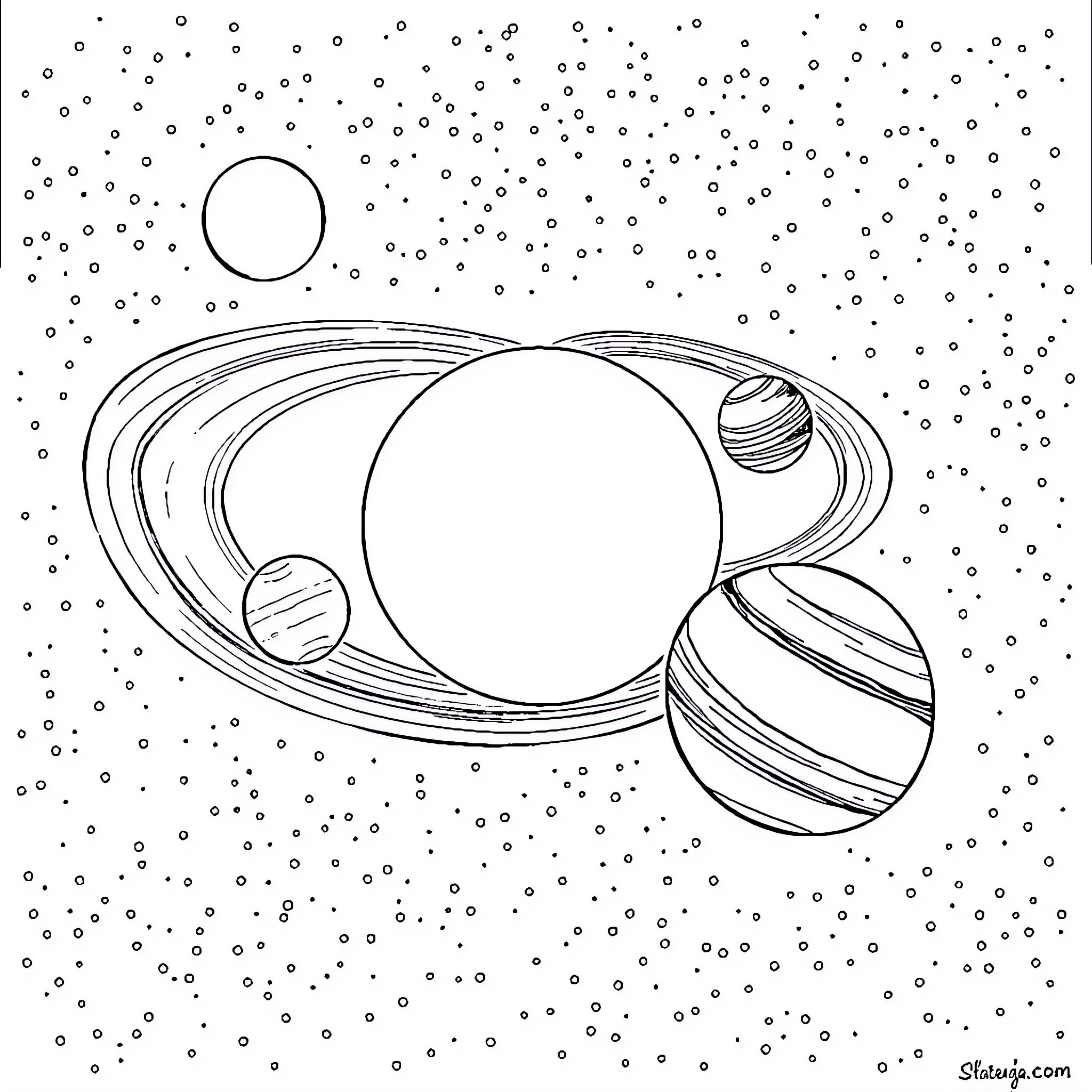 Solar System Objects in the Cosmos Coloring Page (free black-and-white line drawing printable PDF for all, from beginners to advanced learners, including children, teens, adults, and seniors)