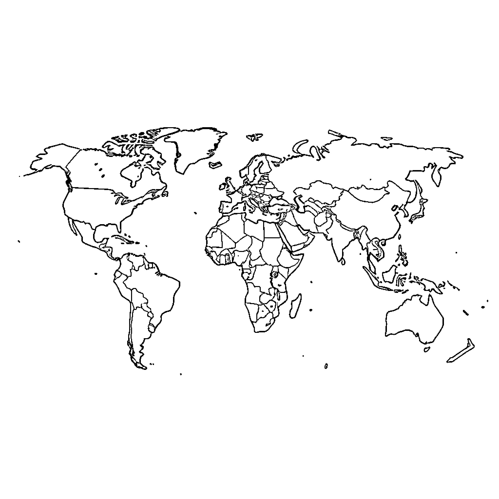 World Map with Outline of Continents Coloring Page (free black-and-white line drawing printable PDF for all, from beginners to advanced learners, including children, teens, adults, and seniors)