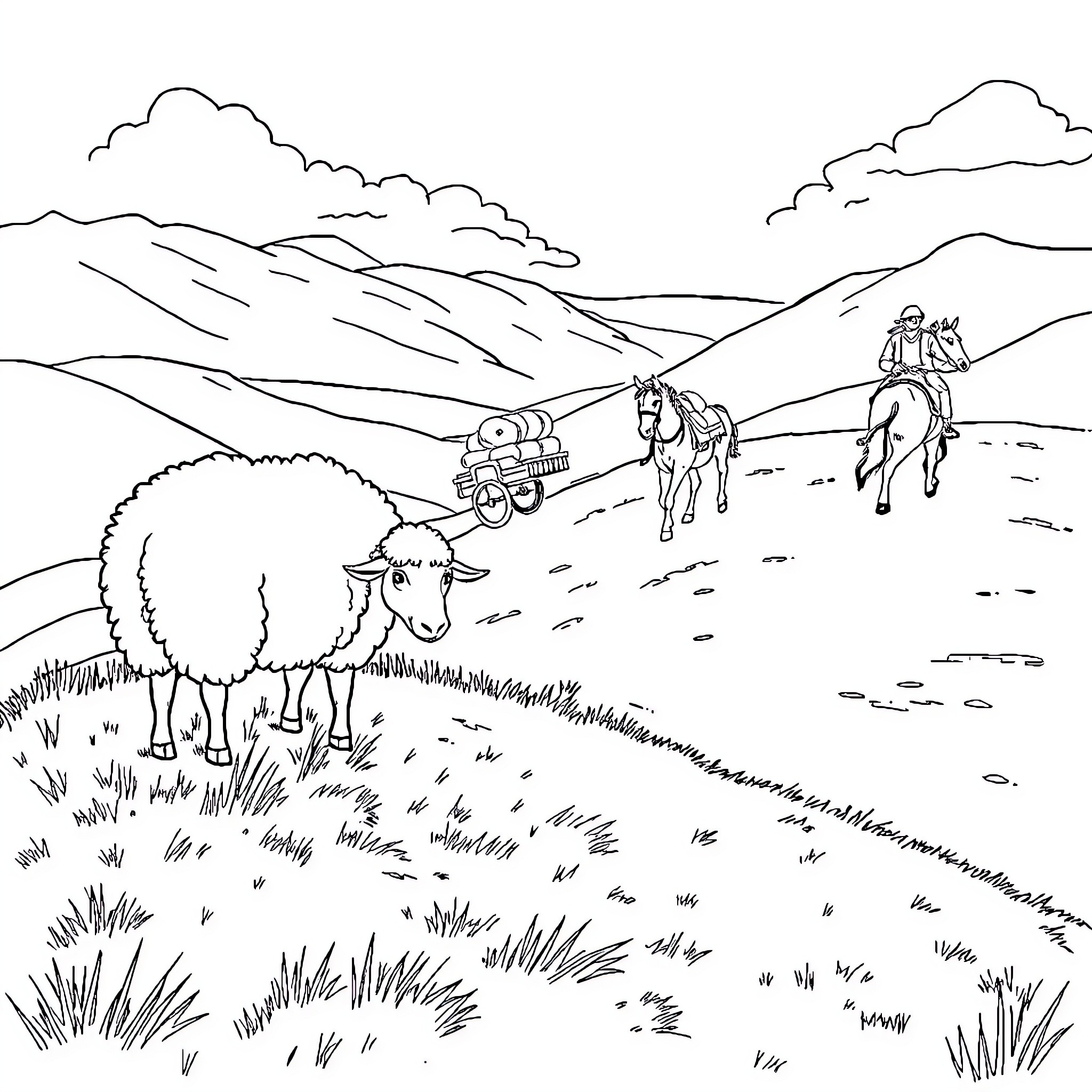 Sheep grazing peacefully in a scenic countryside Coloring Page (free black-and-white line drawing printable PDF for all, from beginners to advanced learners, including children, teens, adults, and seniors)
