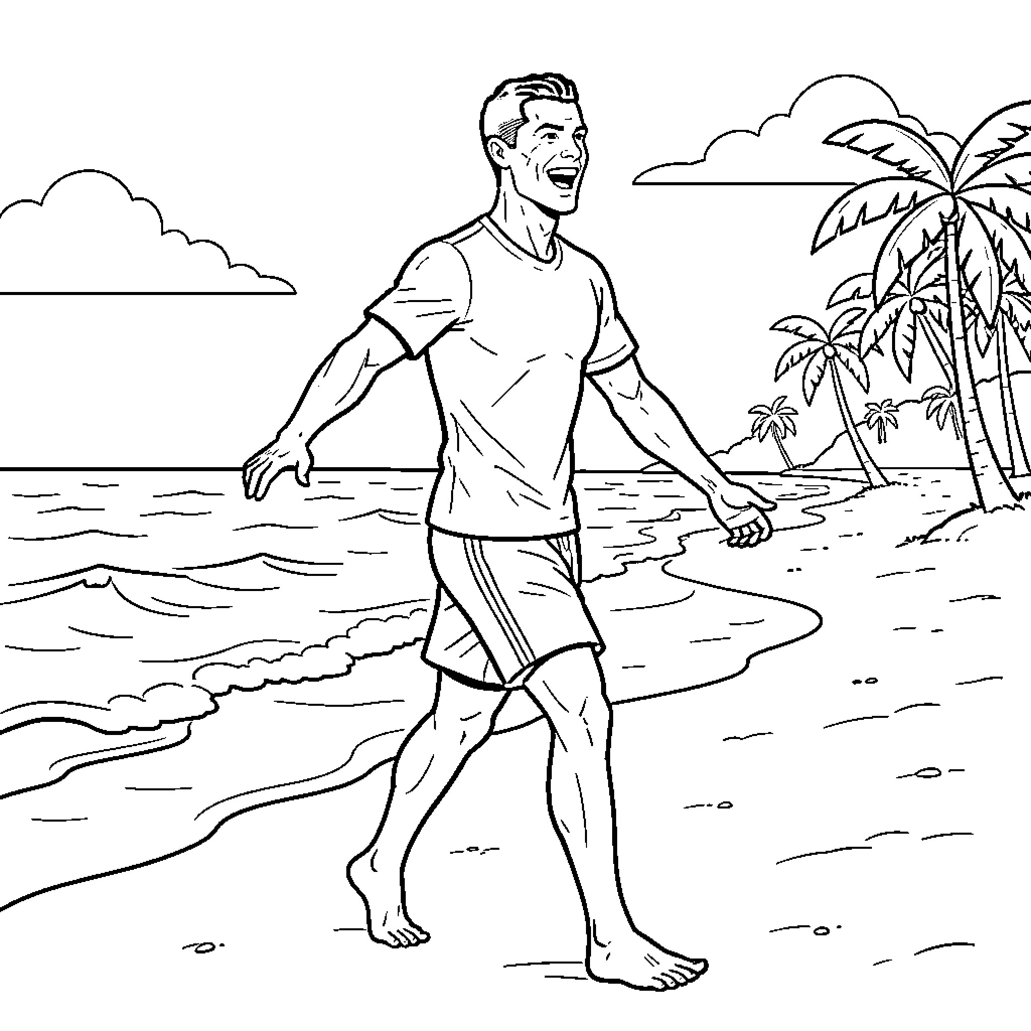 Ronaldo walking joyfully along a tropical beach Coloring Page (free black-and-white line drawing printable PDF for all, from beginners to advanced learners, including children, teens, adults, and seniors)