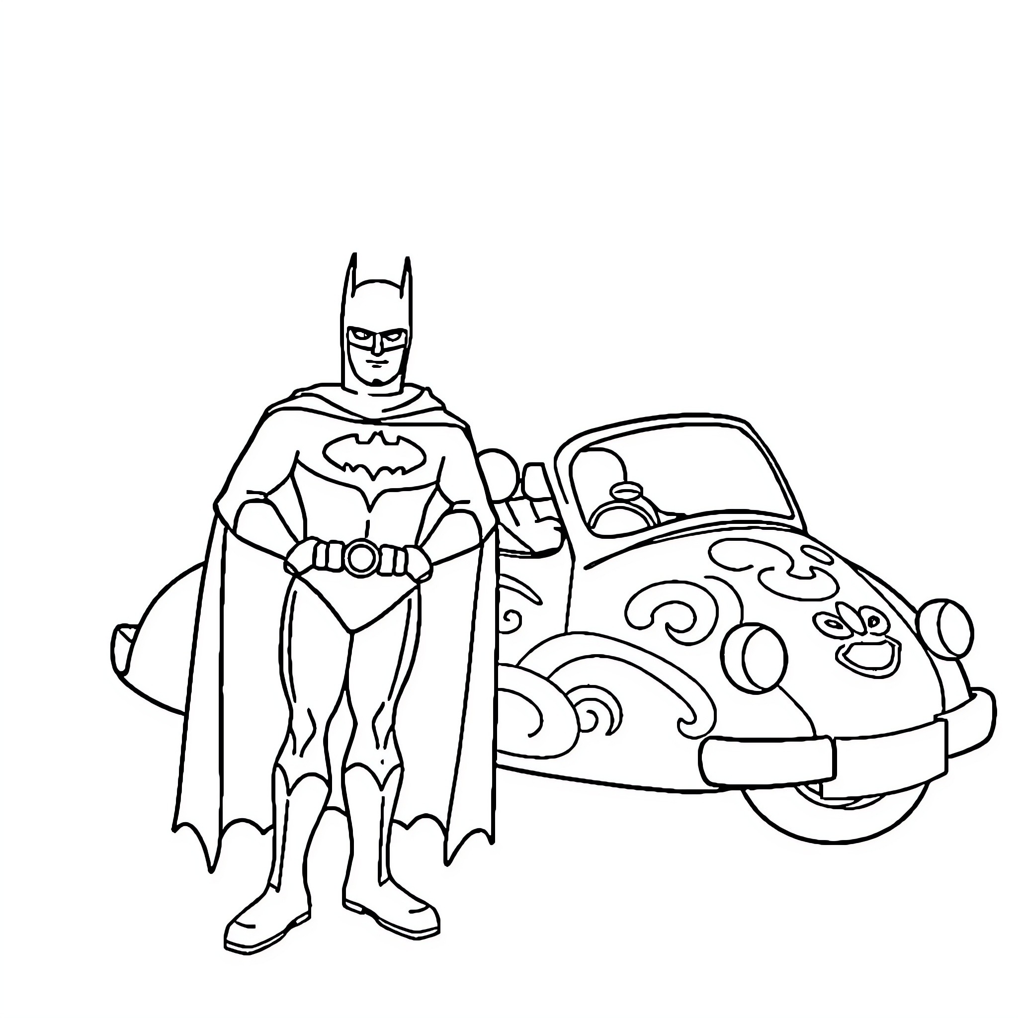 Batman posing with his distinctive vehicle Coloring Page (free black-and-white line drawing printable PDF for all, from beginners to advanced learners, including children, teens, adults, and seniors)