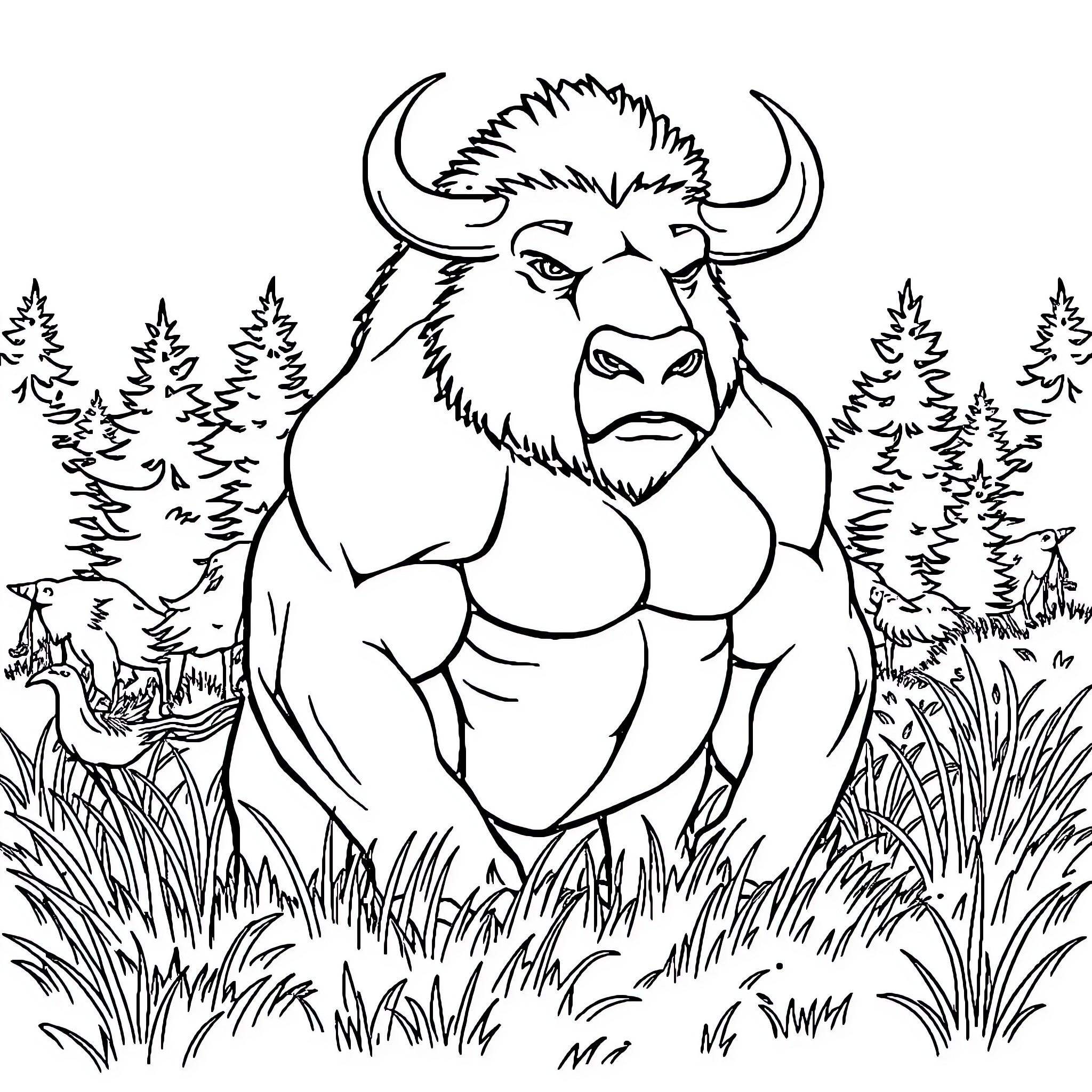 Bull Creature Roaring in the Wilderness Coloring Page (free black-and-white line drawing printable PDF for all, from beginners to advanced learners, including children, teens, adults, and seniors)