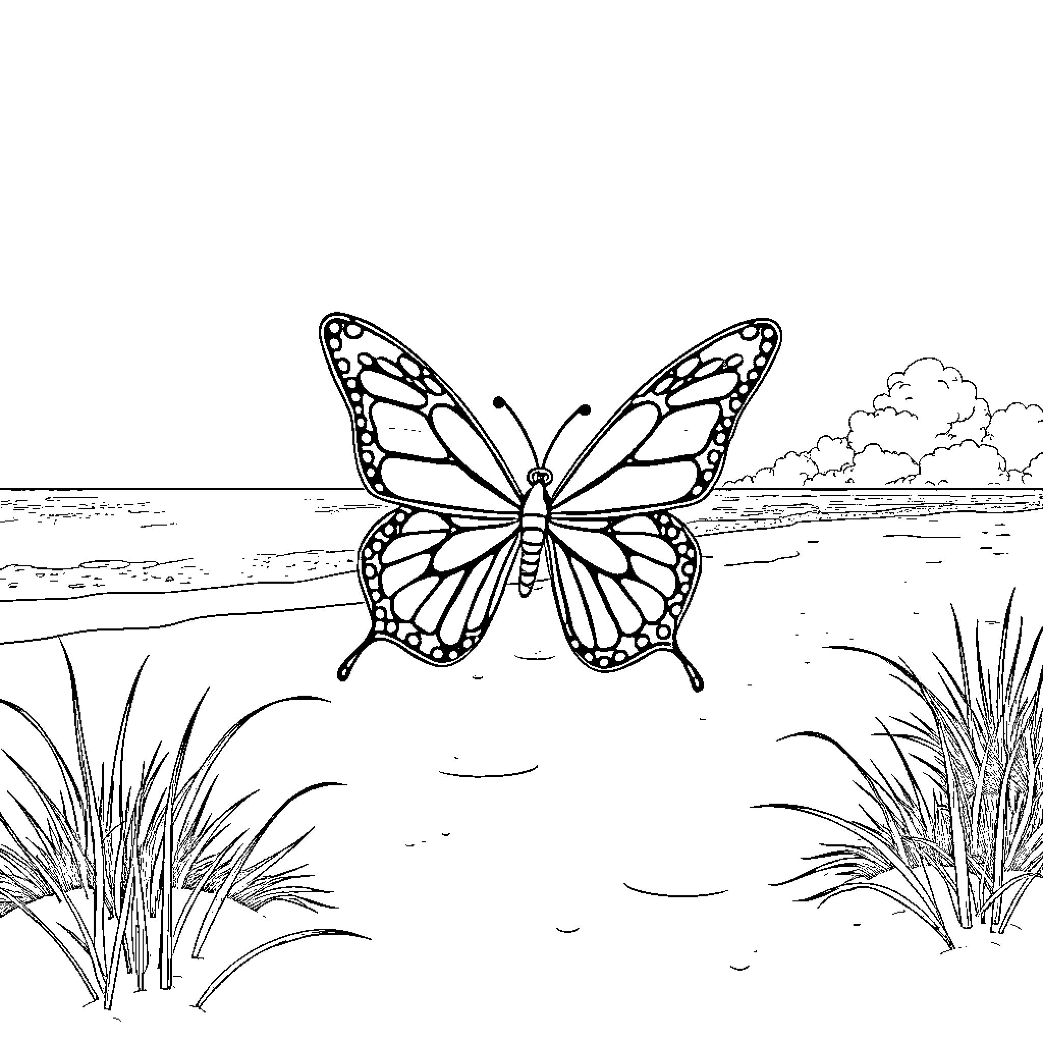 Butterfly soaring gracefully over a serene landscape Coloring Page (free black-and-white line drawing printable PDF for all, from beginners to advanced learners, including children, teens, adults, and seniors)