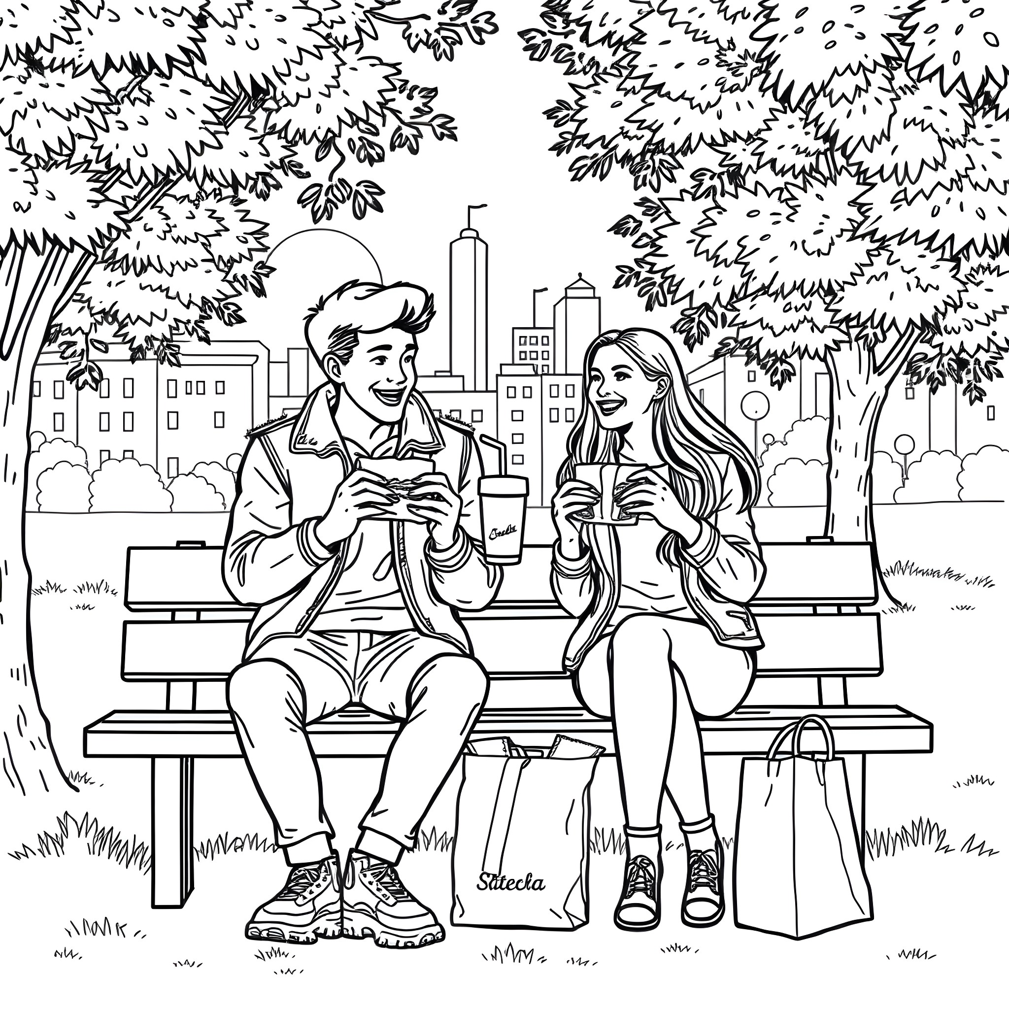 Couple enjoying a pleasant day in the park Coloring Page (free black-and-white line drawing printable PDF for all, from beginners to advanced learners, including children, teens, adults, and seniors)