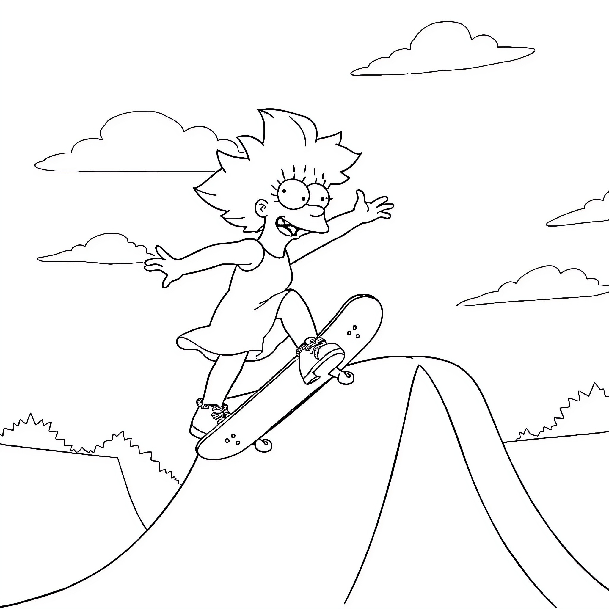 Lisa Simpson skateboarding in the outdoors Coloring Page (free black-and-white line drawing printable PDF for all, from beginners to advanced learners, including children, teens, adults, and seniors)