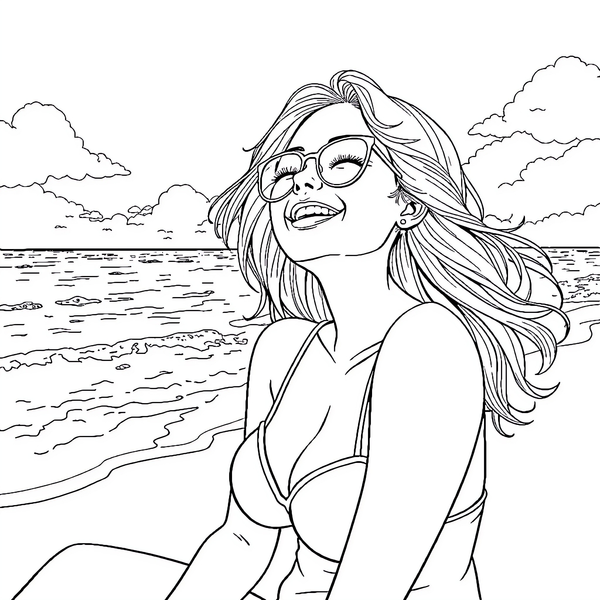 Asian Woman Enjoying the Beach Scenery Coloring Page (free black-and-white line drawing printable PDF for all, from beginners to advanced learners, including children, teens, adults, and seniors)