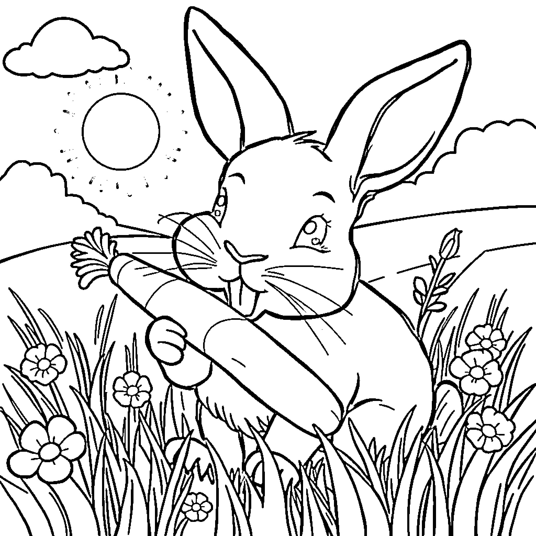Rabbit enjoying the sun in a flowery meadow Coloring Page (free black-and-white line drawing printable PDF for all, from beginners to advanced learners, including children, teens, adults, and seniors)