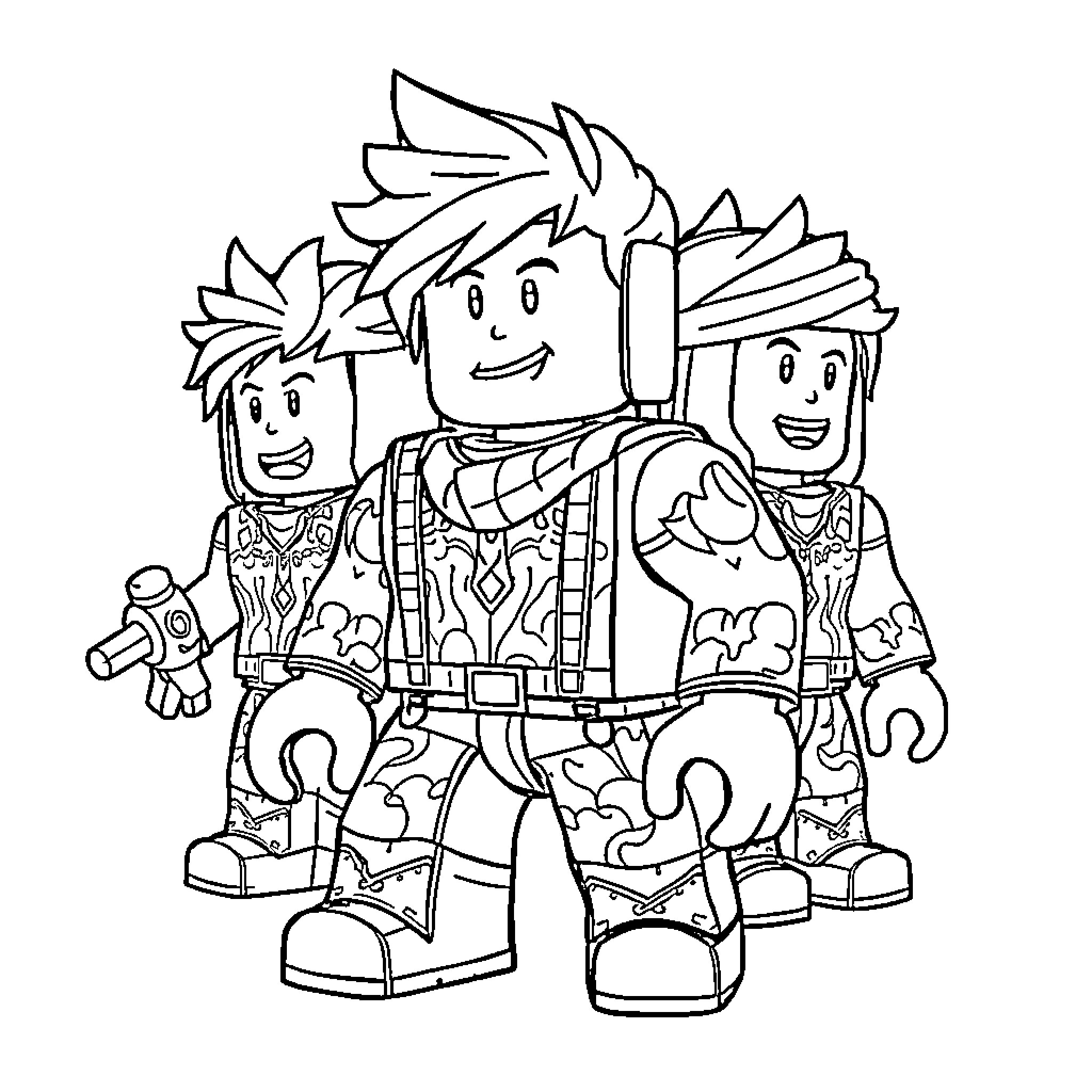 Hisham and friends in heroic adventure Coloring Page (free black-and-white line drawing printable PDF for all, from beginners to advanced learners, including children, teens, adults, and seniors)