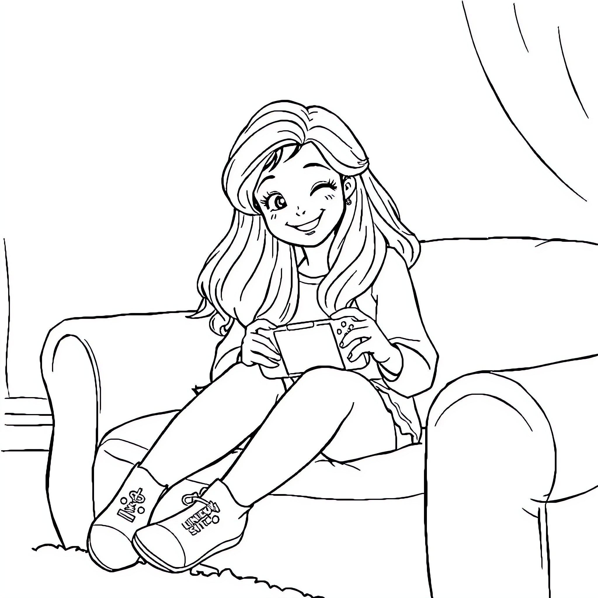 Luna Lovegood reading a book with a smile Coloring Page (free black-and-white line drawing printable PDF for all, from beginners to advanced learners, including children, teens, adults, and seniors)