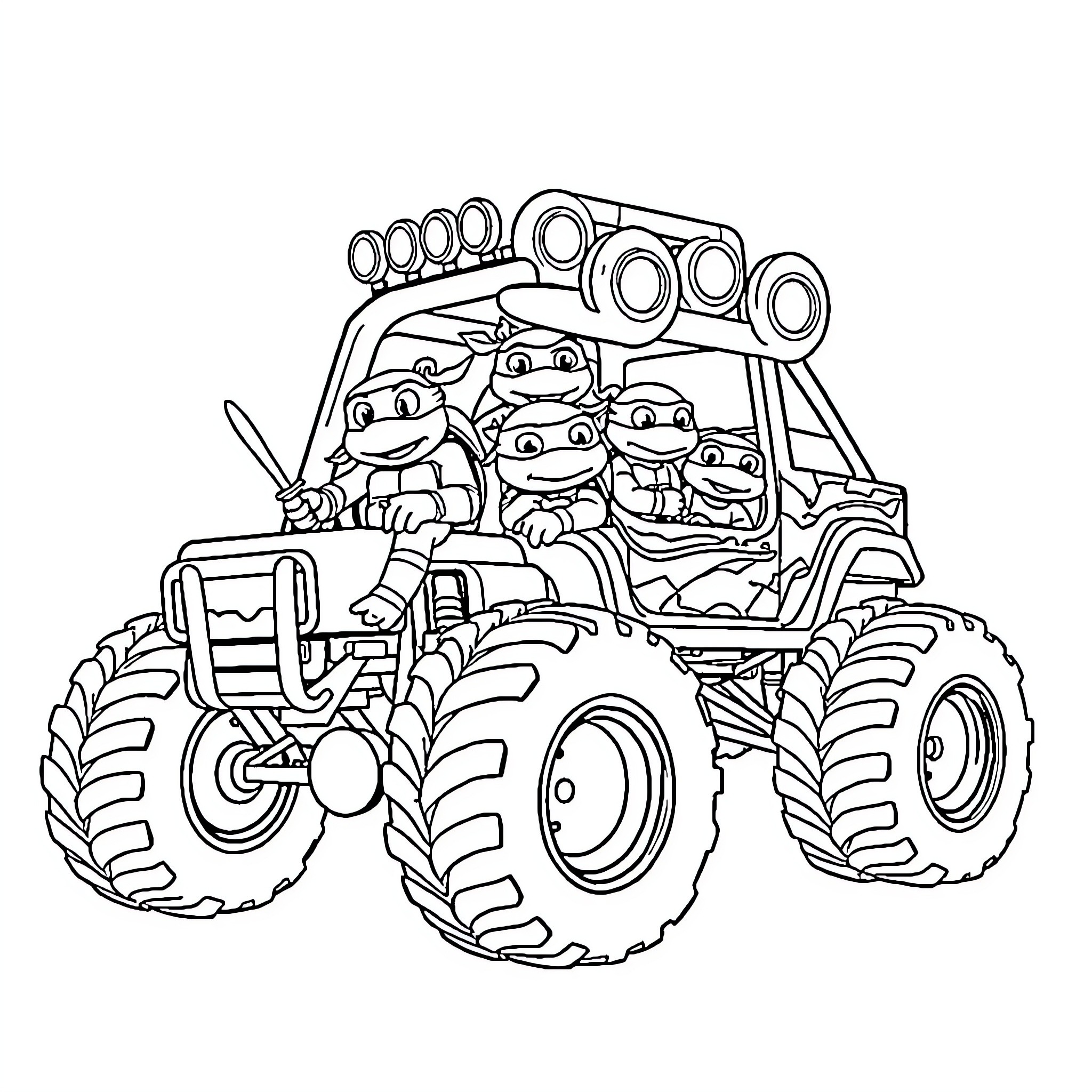 Ninja Turtles driving a monster truck Coloring Page (free black-and-white line drawing printable PDF for all, from beginners to advanced learners, including children, teens, adults, and seniors)
