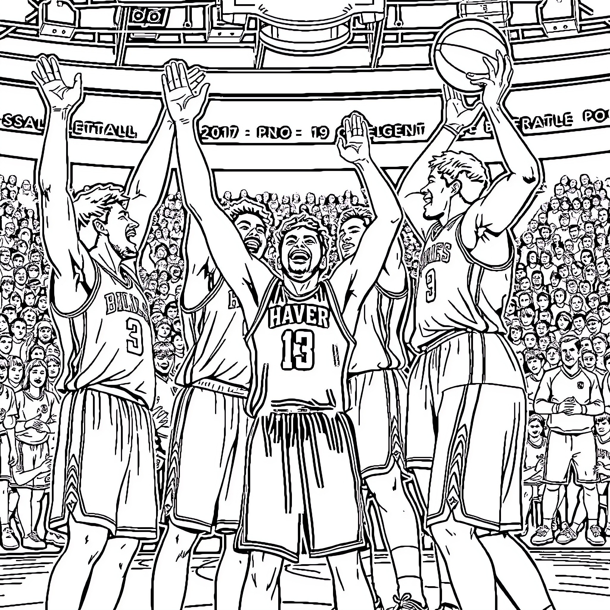 Basketball players celebrating victory on court Coloring Page (free black-and-white line drawing printable PDF for all, from beginners to advanced learners, including children, teens, adults, and seniors)