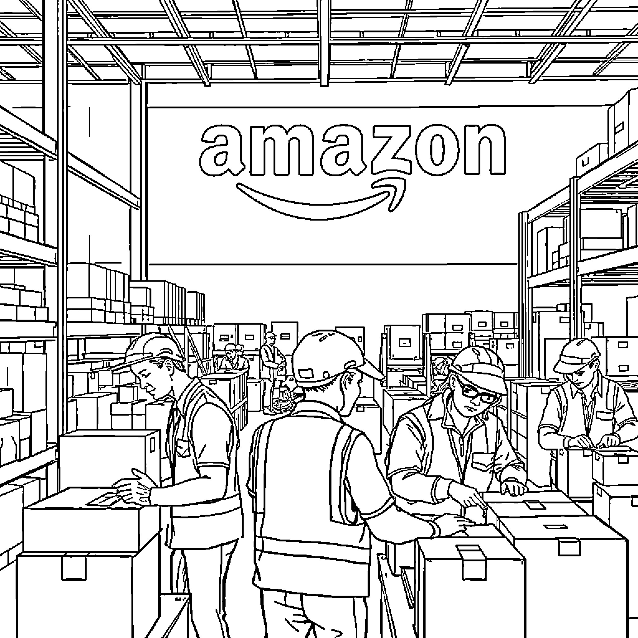 Warehouse Associate Workers Processing Shipments at Amazon Facility Coloring Page (free black-and-white line drawing printable PDF for all, from beginners to advanced learners, including children, teens, adults, and seniors)