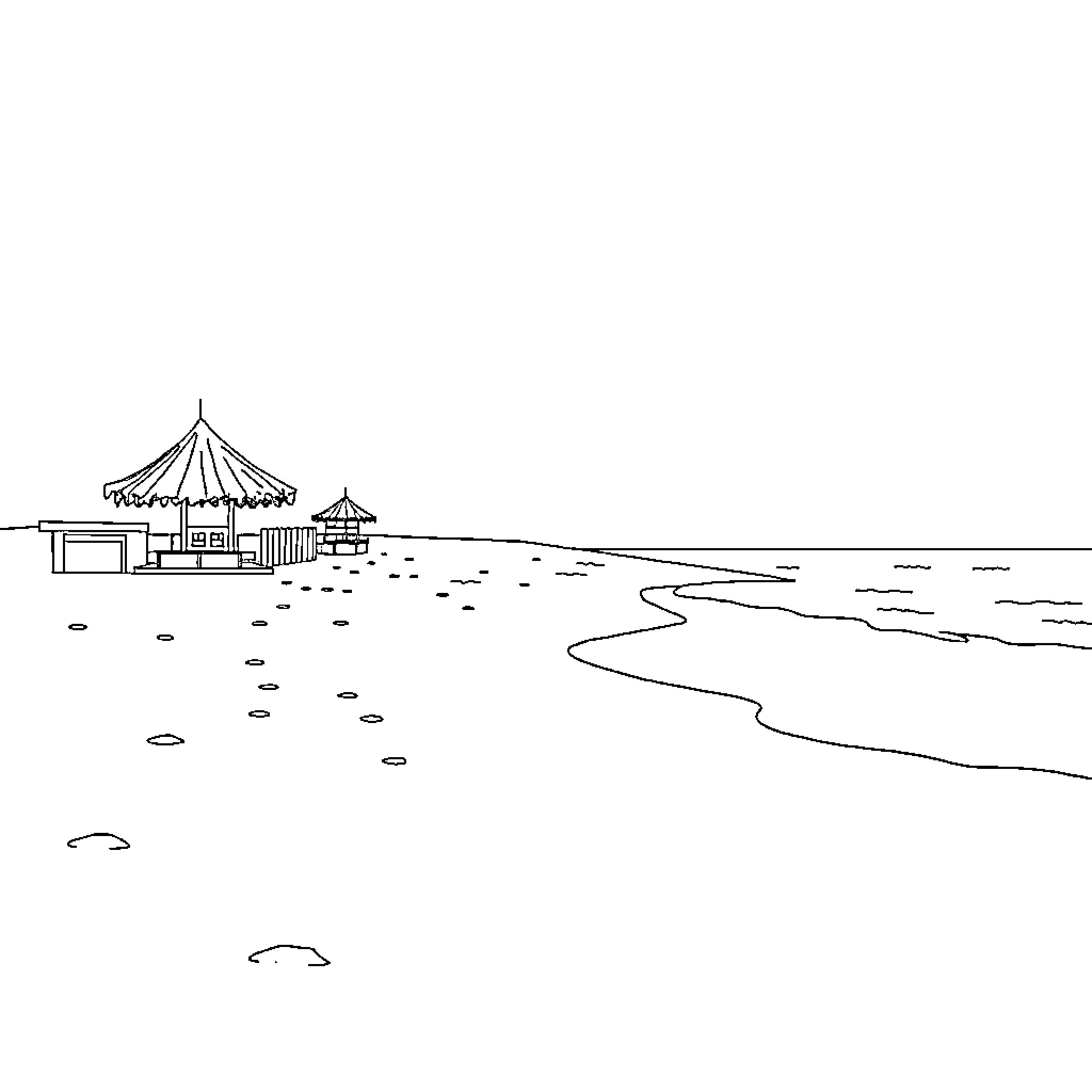 Square Beach Pavilion on the Shore Coloring Page (free black-and-white line drawing printable PDF for all, from beginners to advanced learners, including children, teens, adults, and seniors)