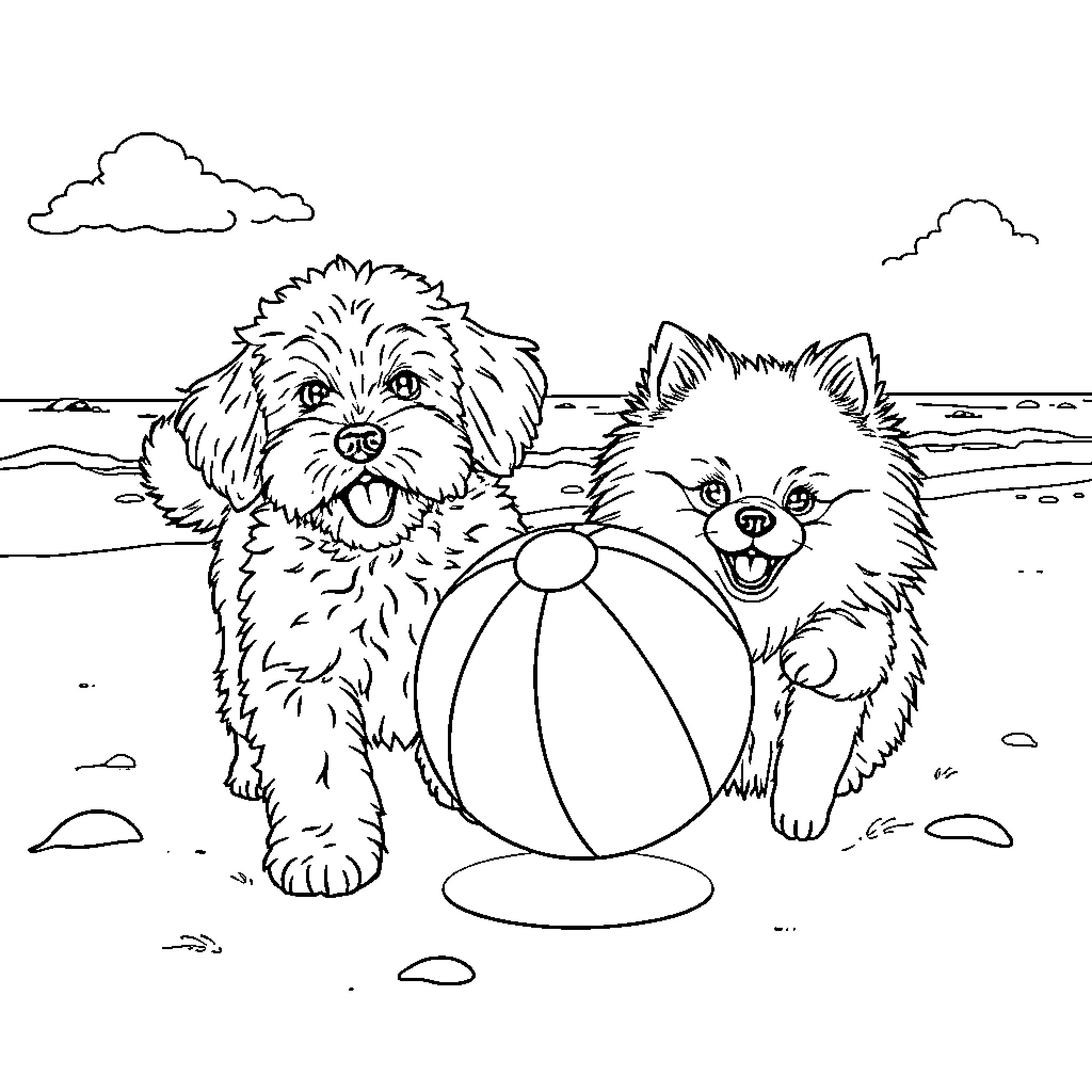 Dogs playing with beach ball on the shore Coloring Page (free black-and-white line drawing printable PDF for all, from beginners to advanced learners, including children, teens, adults, and seniors)